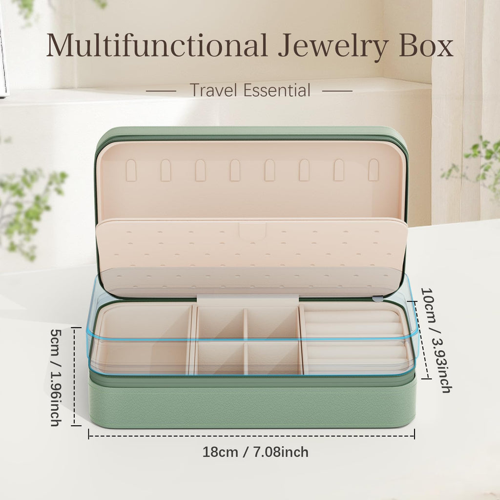 DesignSter Travel Jewelry Box, PU Leather Portable Jewelry Case, Small Jewelry Boxes for Gifts, Travel Jewelry Organizer for Women Rings Earrings Necklaces Bracelets (Avocado Green)