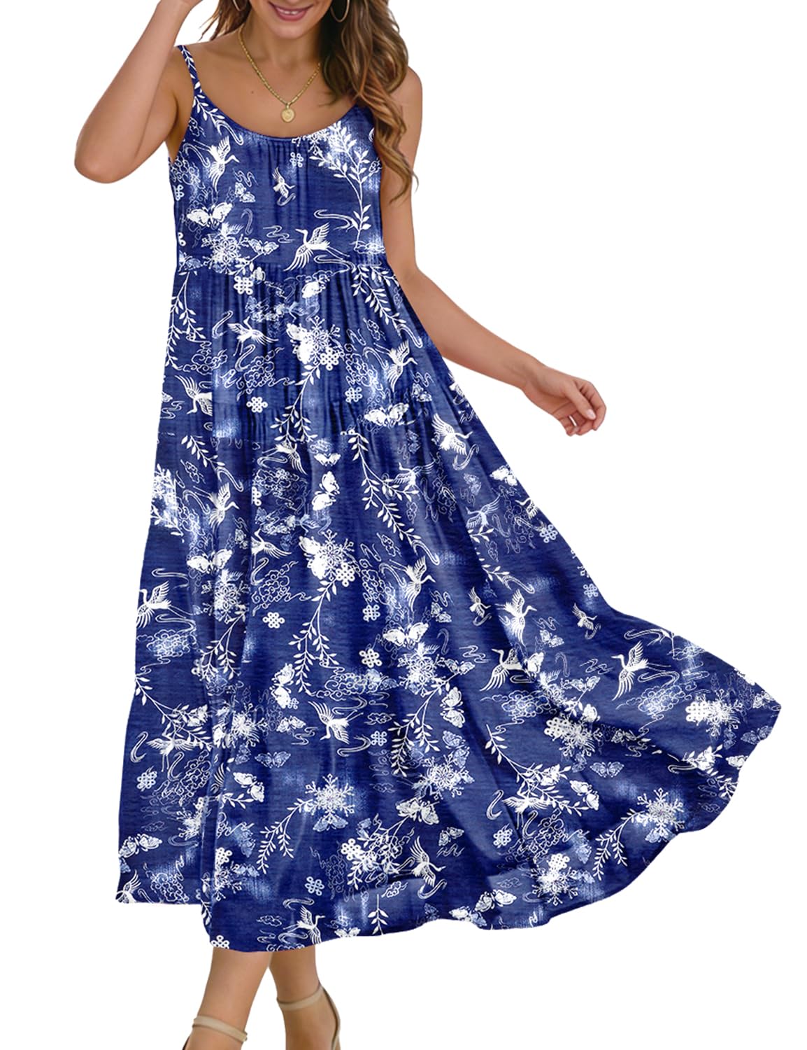 YESNO Summer Bohemian Floral Dresses for Women Spaghetti Straps Maxi Dress Casual Flowy Dresses with Pockets ES0