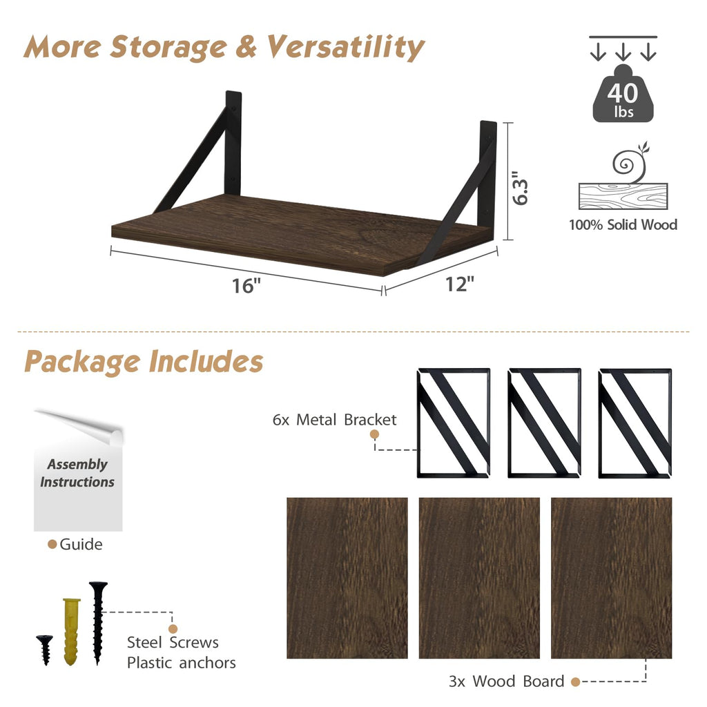 Forbena 12 Inch Deep Floating Shelves for Wall, Wide Black Wall Mounted Shelves for Bedroom Office Books Plants, Large Hanging Shelf for Living Room Bathroom Kitchen Closet Pantry Storage (3-Pack)