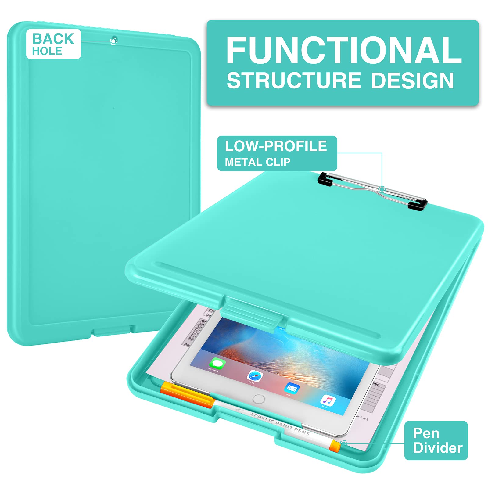 Sooez Clipboard with Storage, Plastic Storage Clipboards with Low Profile Clip, Nursing Clip Boards Foldable, Hanging Clipboard Case for Work, Teacher, Classroom Must Haves, Office School Supplies