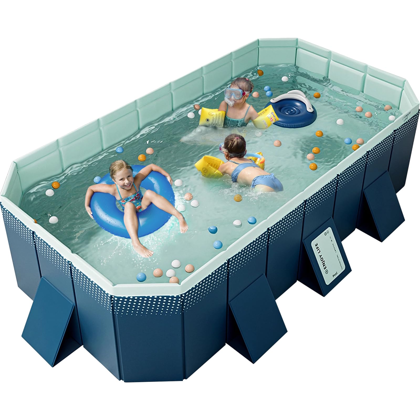 WIRHAO Foldable Non-Inflatable Kids' and Adults' Outdoor Swimming Pool Hard Plastic Shell Kid Pool for Backyard Dog Pools (113" x 66" x 20")