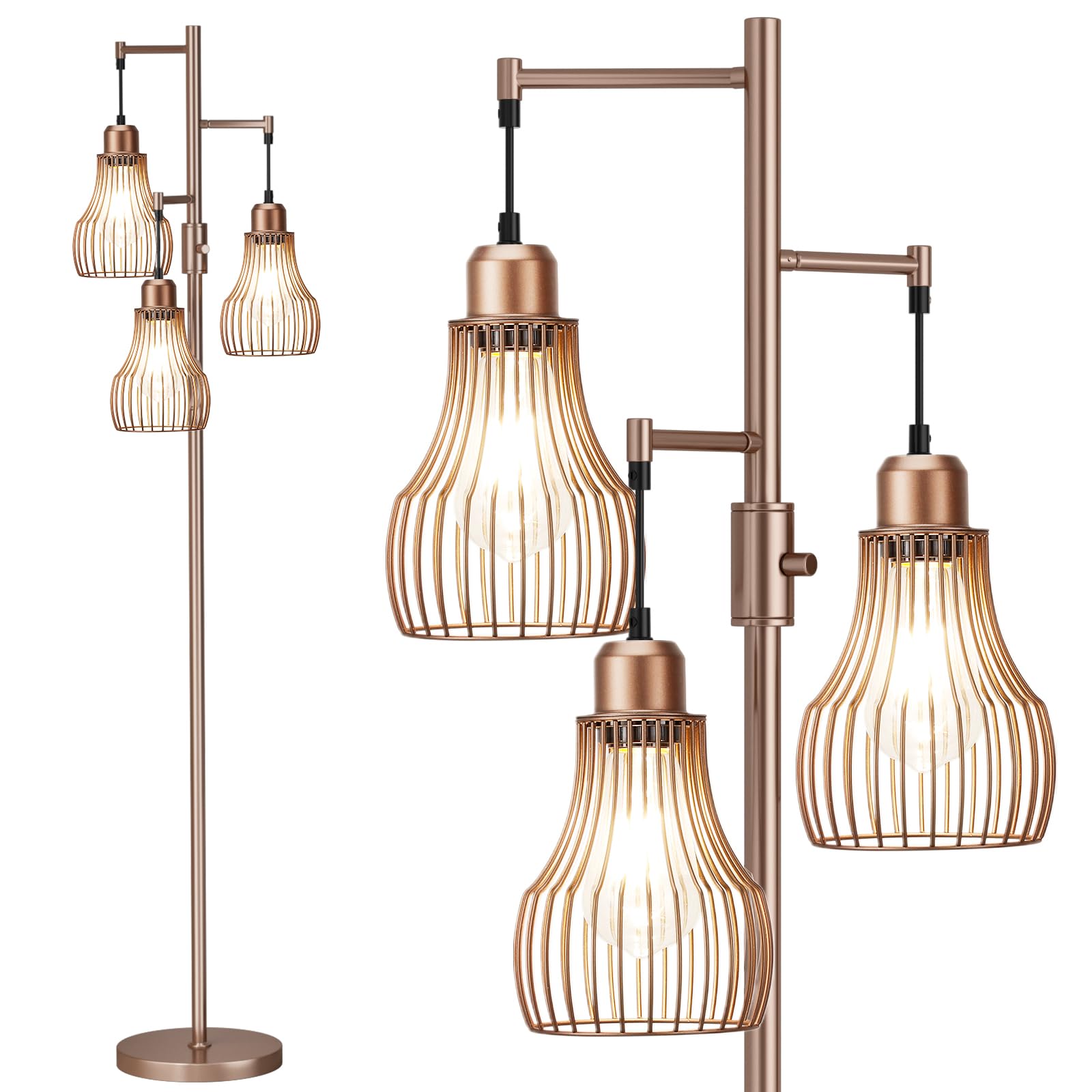 Ziisee Dimmable Floor Lamps for Living Room, Industrial Tree Standing Tall Lamps with 3 Elegant Cage Shade & 800 Lumens LED Bulbs for Bedroom Office - Brown