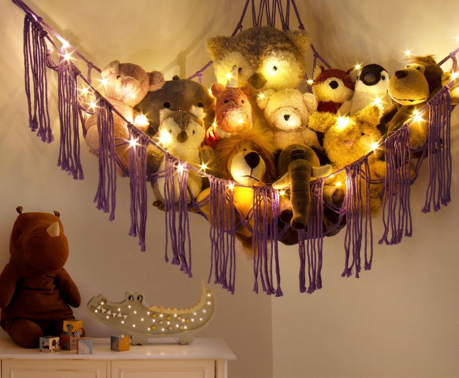 Stuffed Animal Hammock Corner with LED Light - Toy Storage Hammock Plushie Net Large - Cute Stuff Animals Holder Hanging Organizer - Baby Room Decor Kids Toddler Nursery Bedroom Boho