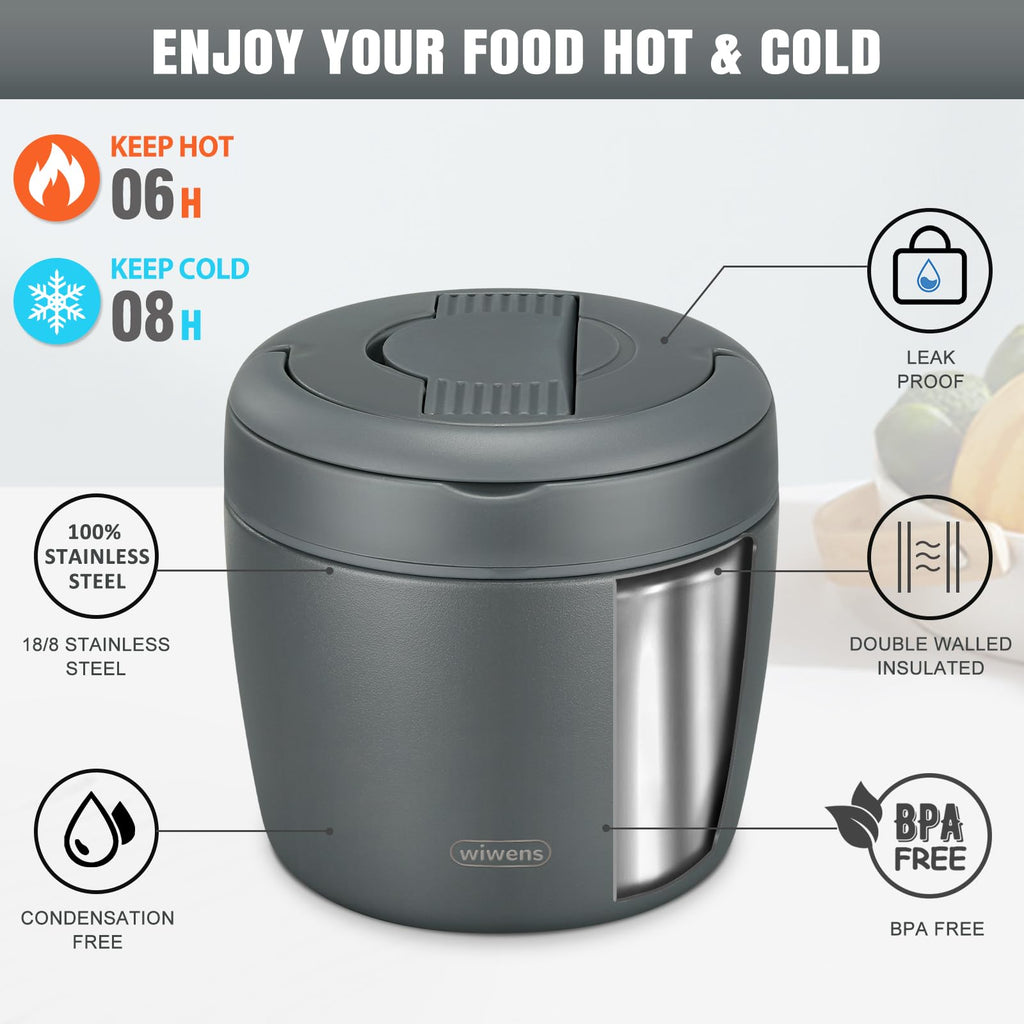 wiwens Thermo Food Jar for Hot Food Adults 32OZ Soup Thermo Lunch Containers Wide Mouth Vacuum Insulated Stainless Steel Leakproof Bento Box with Spoon (Beige)