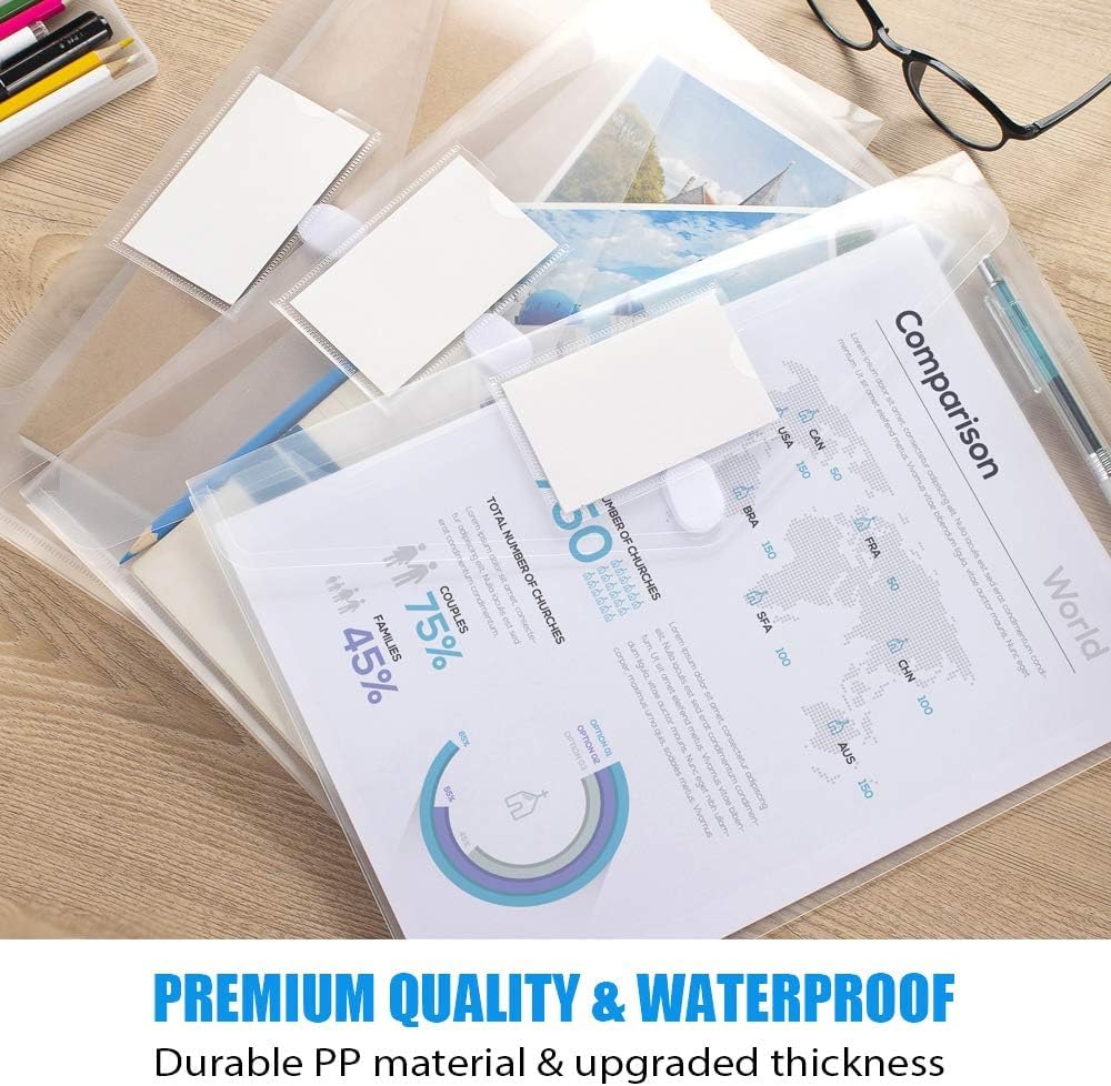 Sooez 5 Pack Plastic Envelopes Poly Envelopes, Clear Document File Folders US Letter A4 Size File Envelopes with Label Pocket for School Home Work Office Organization, Clear