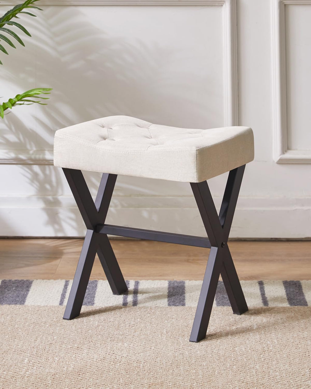 IBUYKE U-Shaped PU Vanity Stool, Square Makeup Chair with X-Leg, Ottoman Seat Footrest Stool, Multi-Use as Small Side Table, for Bedroom, Living Room, Black WBD019B
