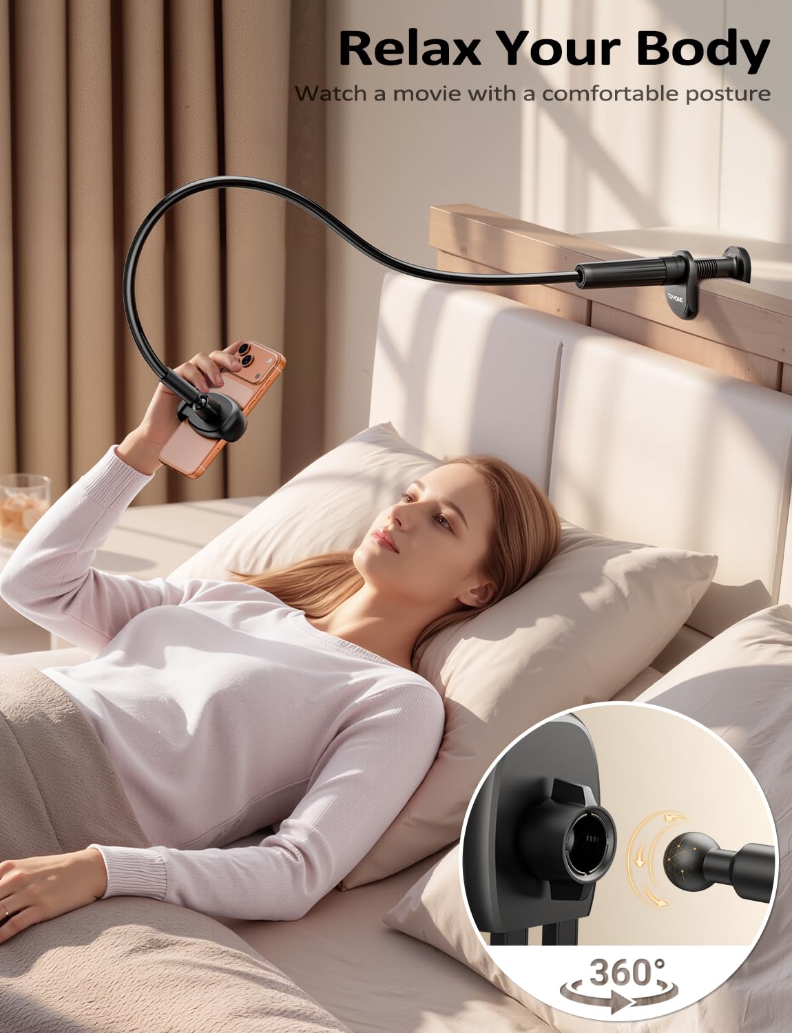 Tryone Gooseneck Phone Holder Hands-Free for Phone Viewing Or Recording, Adjustable Stable Metal Cell Stand Mount for Desk Table Bed, Soporte para Celular, Fits 4-7 Phones Including iPhone - Black