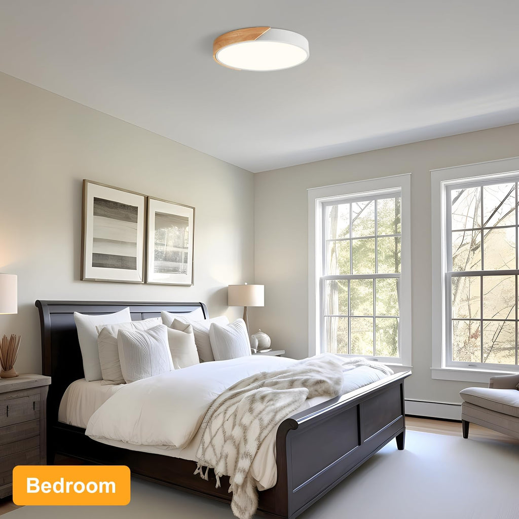 Modern LED Ceiling Light, Minimalist Wood Dimmable Flush Mount Ceiling Light Fixture, Round 5CCT Lighting Lamp with Acrylic Lampshade for Bedroom Hallway Kitchen Laundry, Black 11.8"