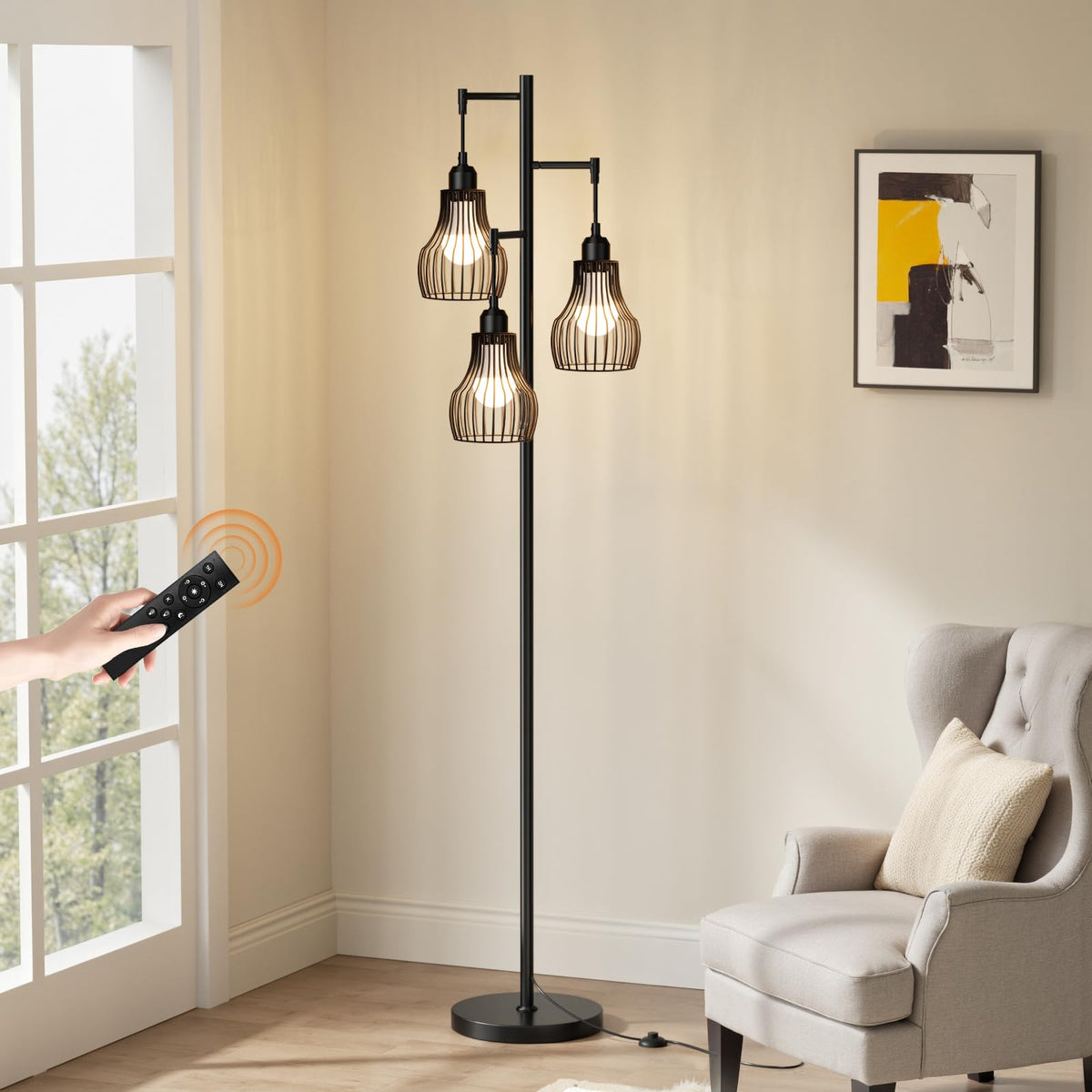 Ziisee Dimmable Floor Lamps for Living Room, Industrial Tree Standing Tall Lamps with 3 Elegant Cage Shade & 800 Lumens LED Bulbs for Bedroom Office - Brown
