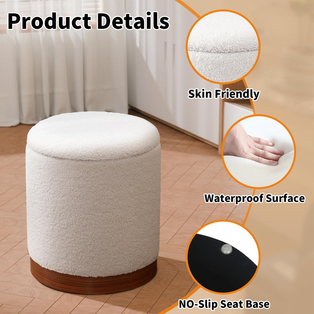 Joveco Boucle Round Ottoman with Storage,Vanity Stool with Storage for Bedroom, Ottoman Coffee Table,Small Boucle Foot Stool for Living Room, Black with Gold Plating