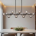 Modern Linear Chandeliers for Dining Room, 8-Light Globe Sputnik Pendant Ceiling Light, Black Dining Room Light Fixture Over Table, Mid Century Glass Milk White Bubble, 31.5 Inch, GC-09