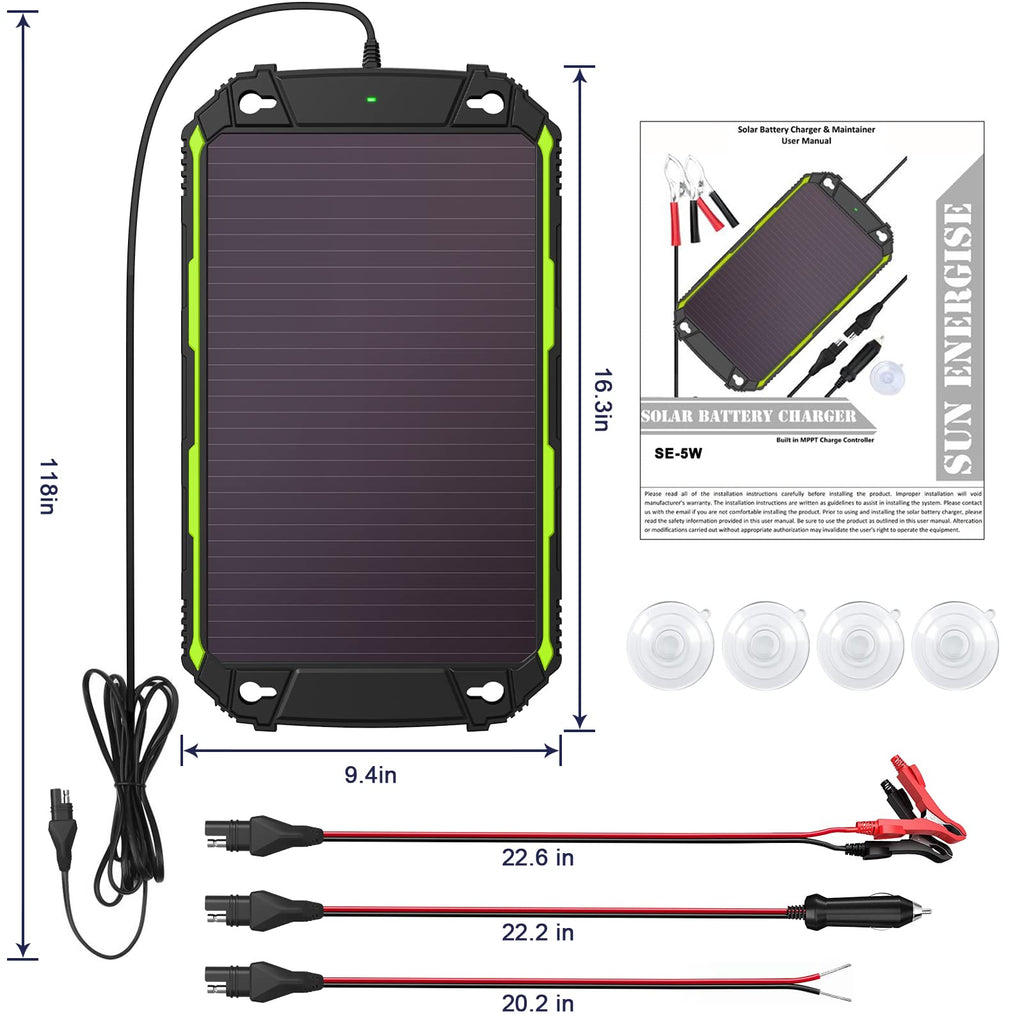 Sun Energise 5W 12V Solar Battery Charger Maintainer PRO, Built-in Smart MPPT Charge Controller, Waterproof 5 Watt 12 Volt Solar Panel Trickle Charging Kits for Car Boat RV Marine Trailer Camper