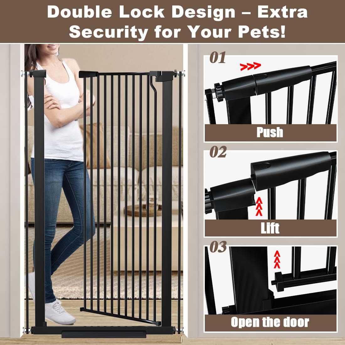 Fairy Baby 51.1" Extra Tall Pet Gate, 29.5"-32.6" Adjustable Width Auto Close Encrypted Tall Dog Gate, Cat Proof Metal Gate Indoor for Doorway Hallways, Pressure Mounted Child Safety Gates, Black