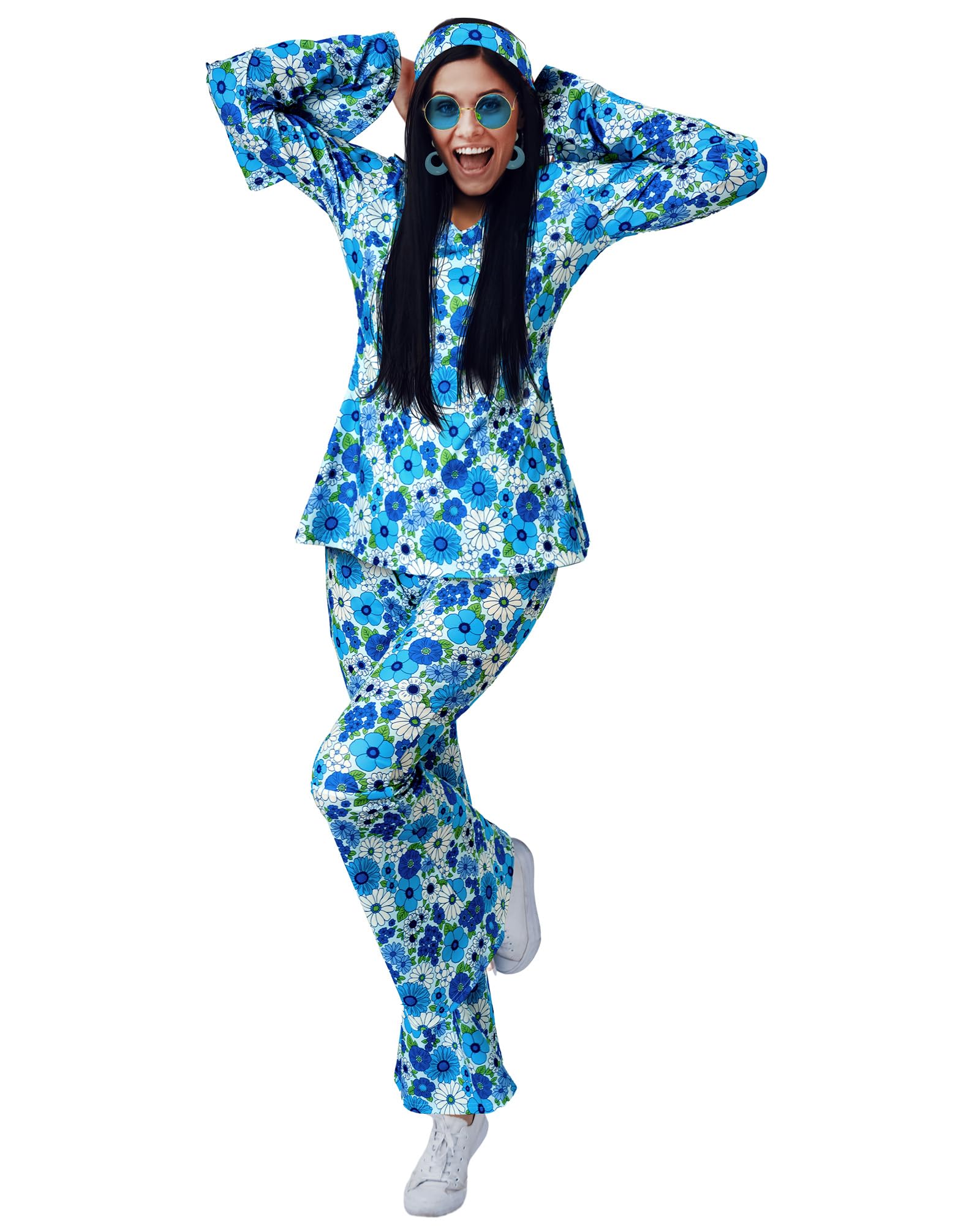 Leumoi 6 Pcs 60s 70s Disco Outfit Women Hippie Costume Accessories Flared Pants Headband Earrings Sunglass