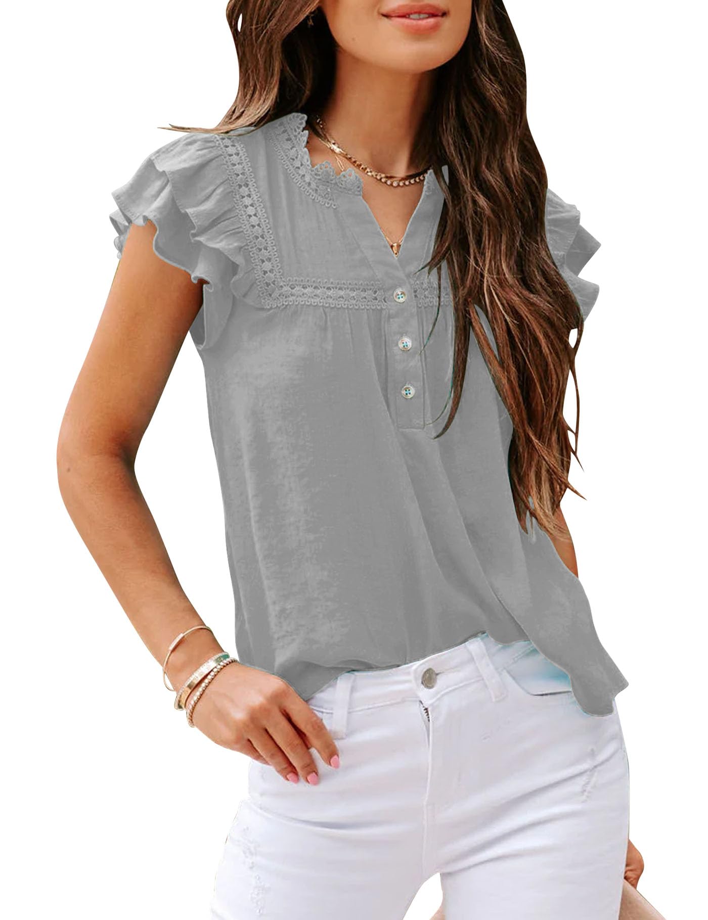 Women's V Neck Lace Crochet Shirts Button Down Short Sleeve Casual Blouse Tops