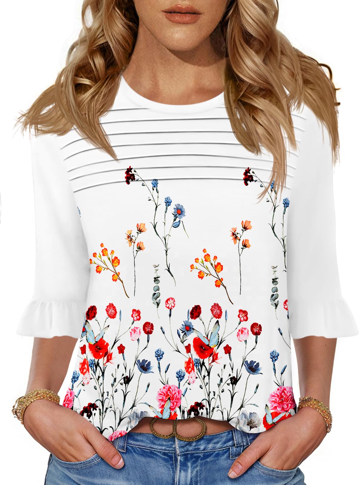 Blingfit Womens Tops 3/4 Length Sleeve Dressy Casual Shirts Bell Sleeve Front Pleated Fasion Trendy Summer Blouses 2026