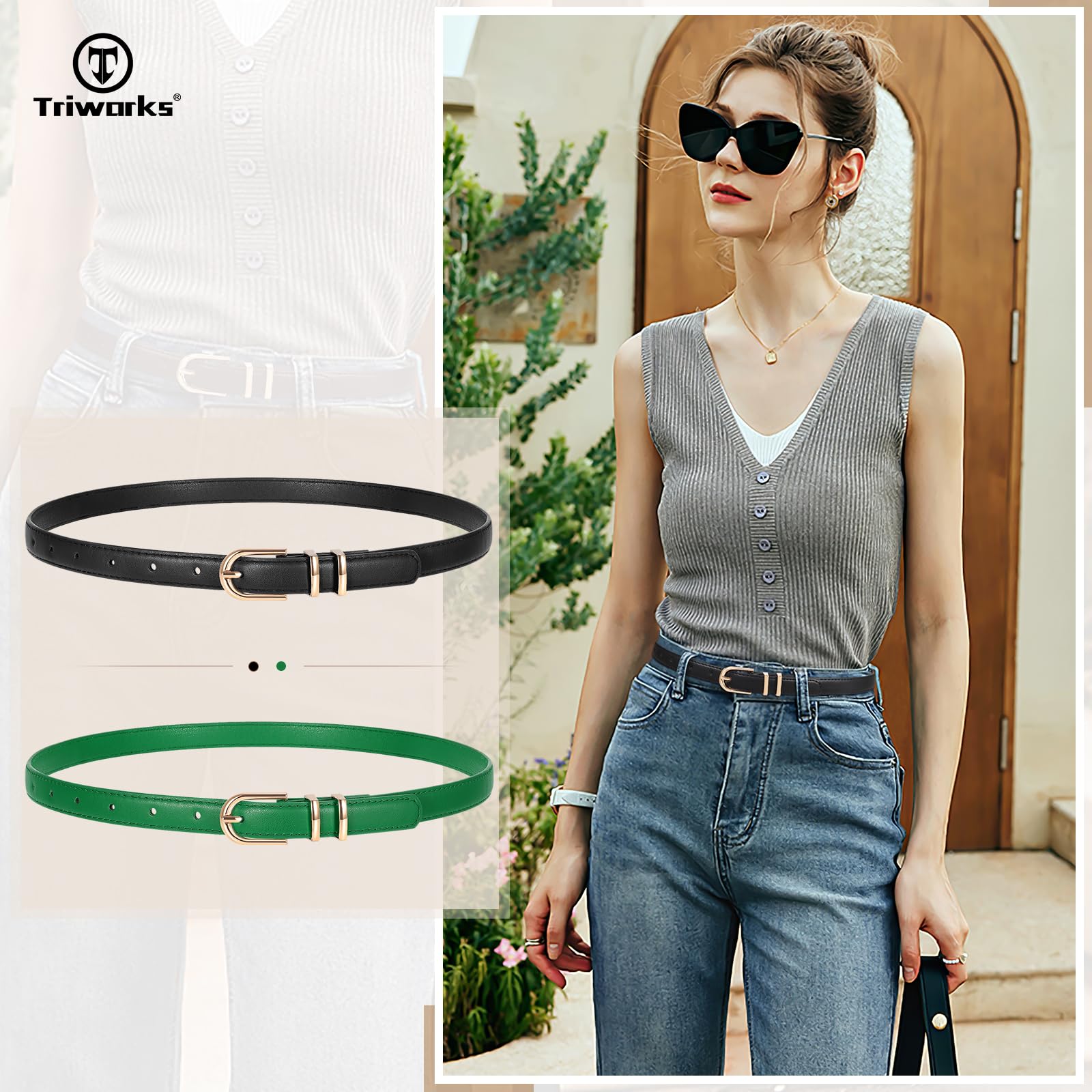 TRIWORKS 2 Pack Women Skinny Leather Belts for Jeans Pants Thin Faux Leather Belt with Gold Buckle