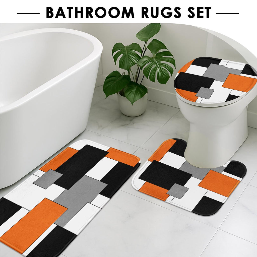 Beige Geometric Shower Curtain Set with Toilet Lid Cover and Non-Slip Rugs for Bathroom, Black Grey White Checkered 4 Pcs Shower Curtain, Modern Abstract Bathroom Set with 12 Hooks