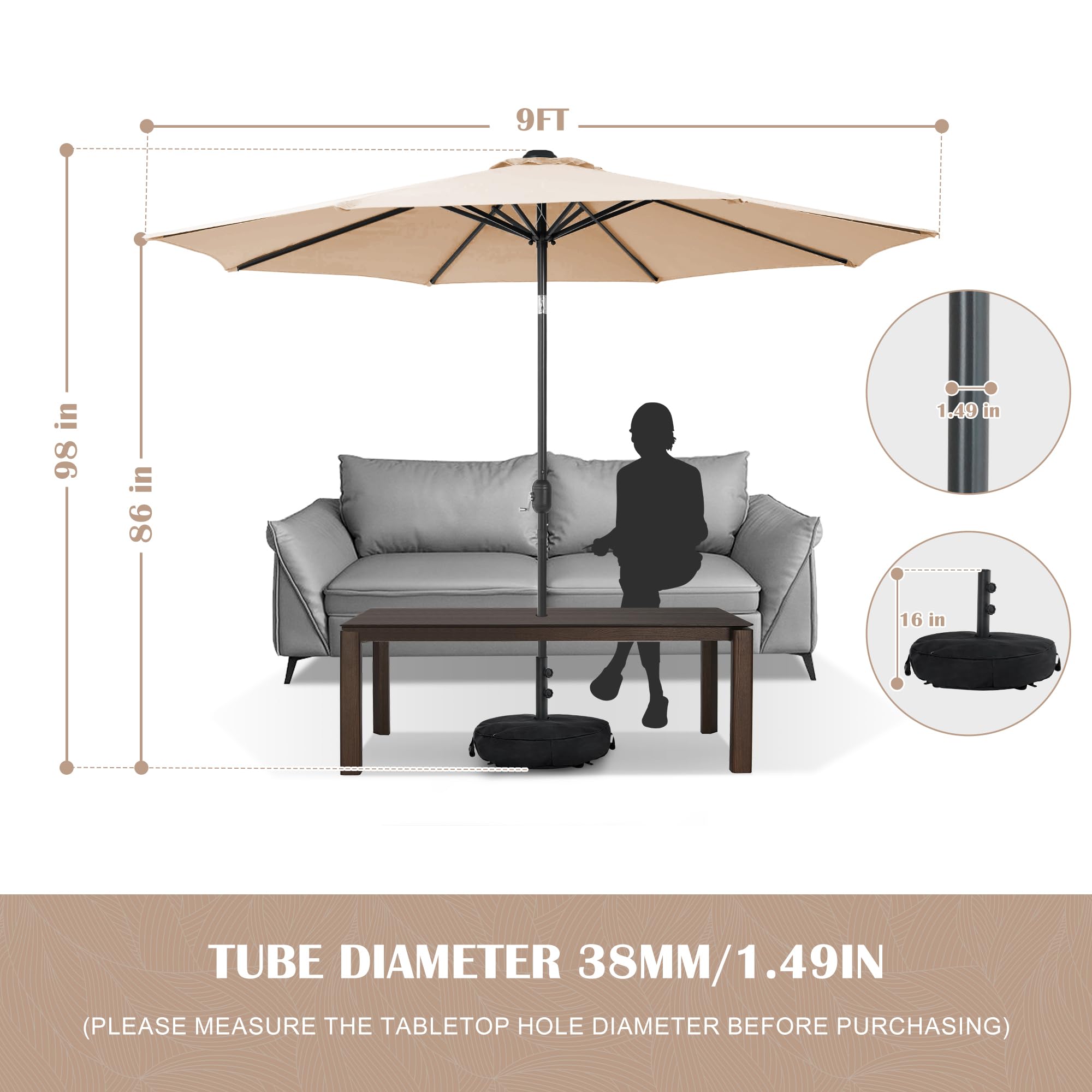 Sundale Outdoor 9FT Patio Umbrella with Sand Bag Umbrella Base, Outdoor Umbrella with Tilt and Crank, Beige