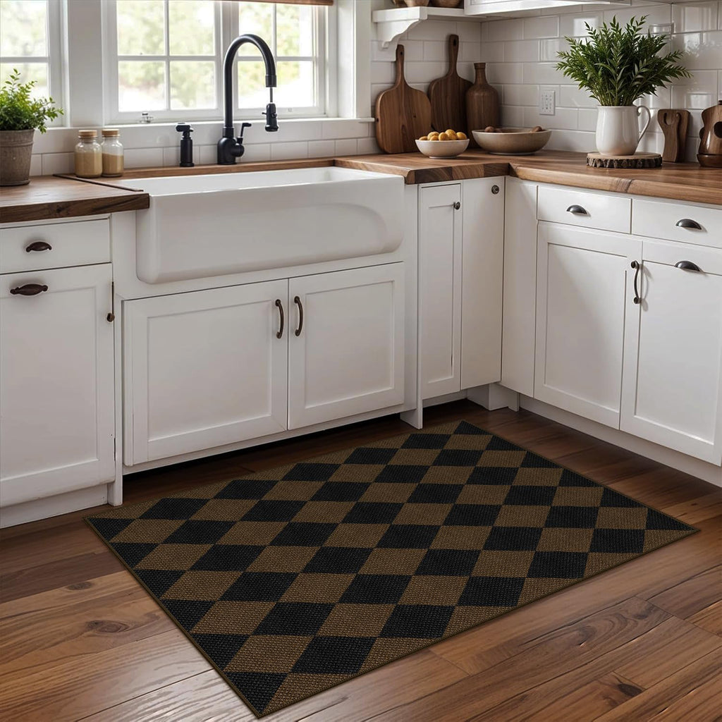 Rugalia Easy Jute Checkered Entryway Rug, 2x3 Black Modern Indoor Outdoor Doormat, Washable Non-Slip Neutral Small Kitchen Rug Farmhouse Diamond Throw Rugs for Entrance Bedroom Bathroom