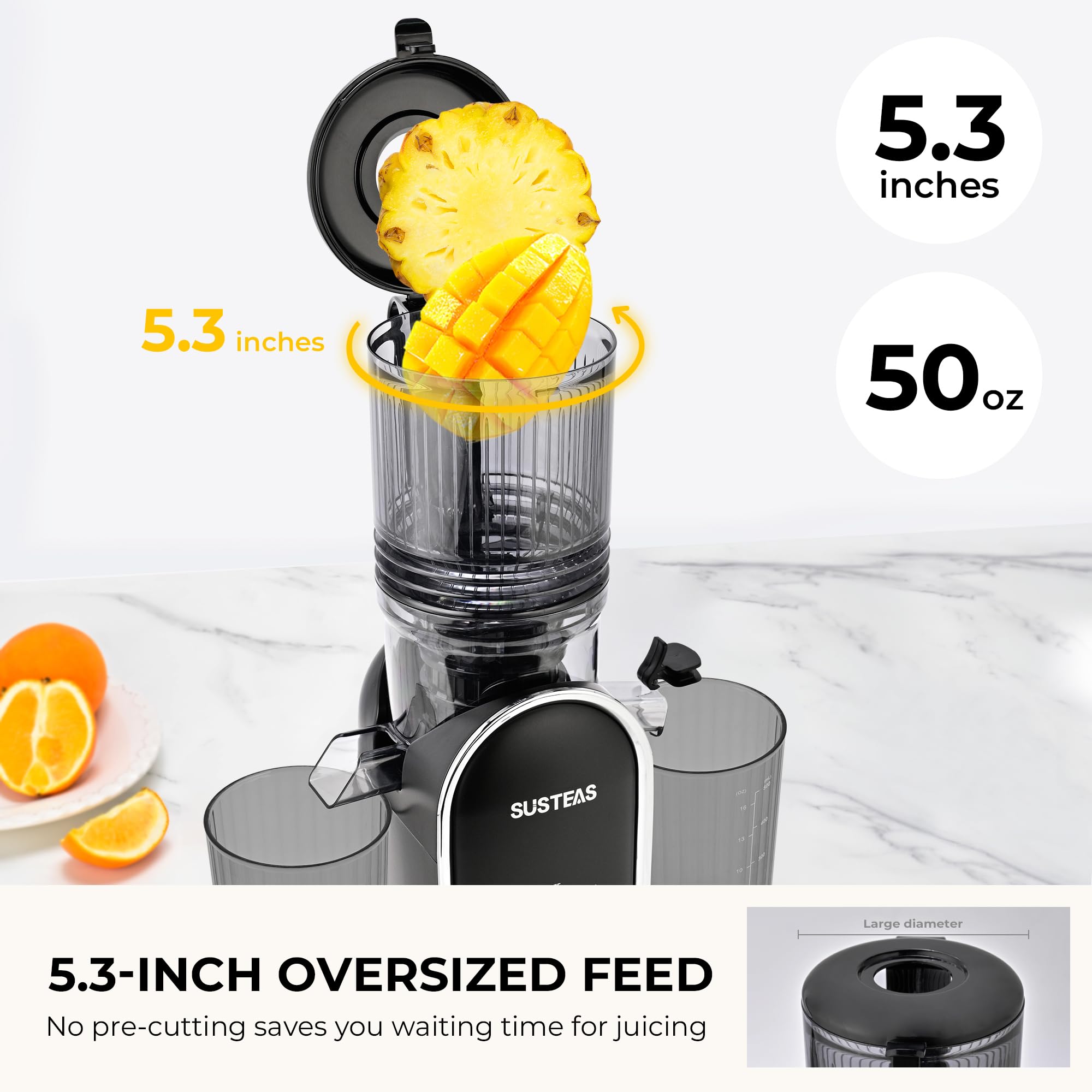 SUSTEAS Cold Press Juicer, 5.3" Feed Chute Slow Masticating Machines with 300W, Fit Whole Fruits & Vegetables, High Juice Yield, Easy to Clean, White