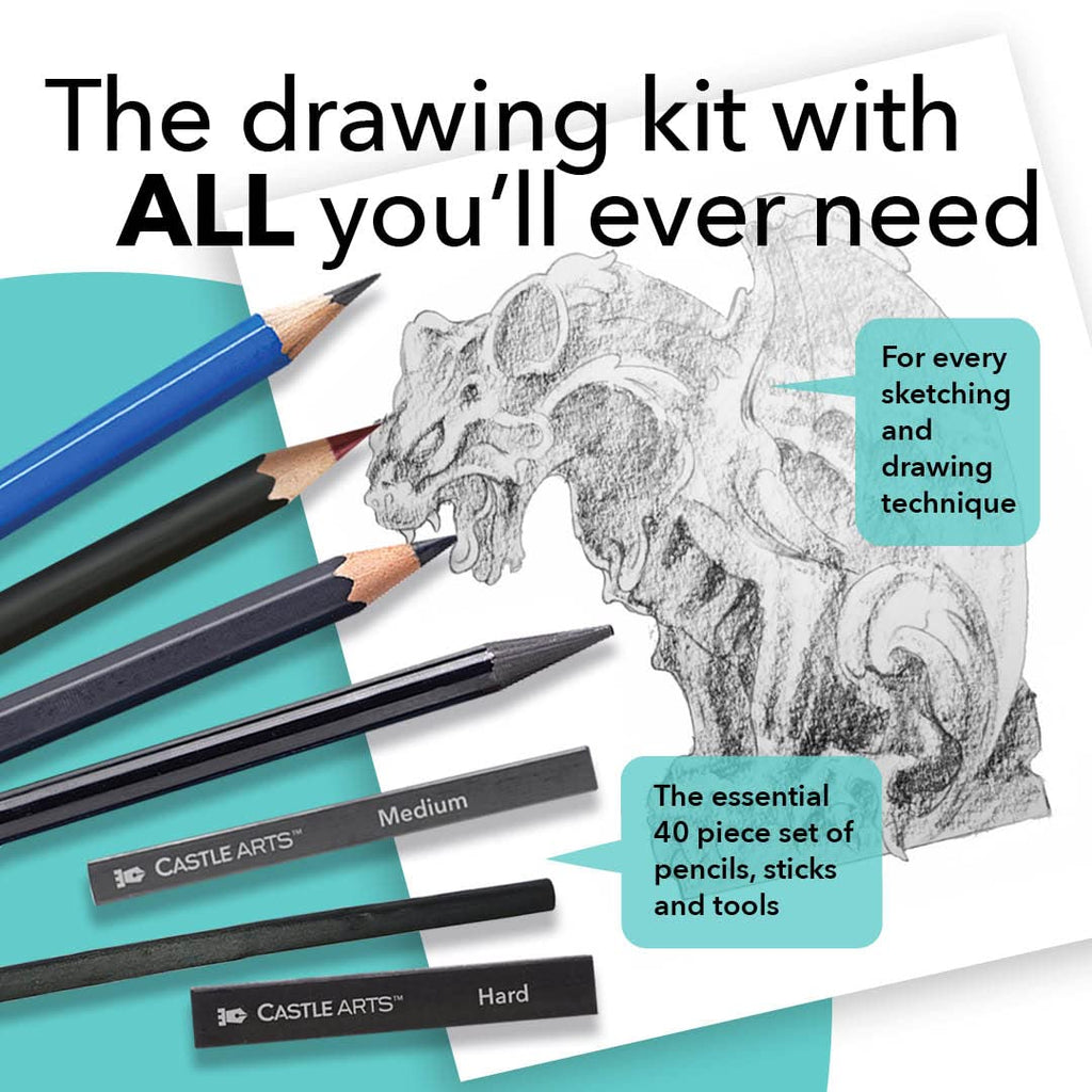 Castle Art Supplies 40 Piece Premium Drawing and Sketching Set with Tutorial | for Artists, Professionals or Beginners | Pencils, Charcoal, Graphite and More | in Neat Carry-Anywhere Zipper Case