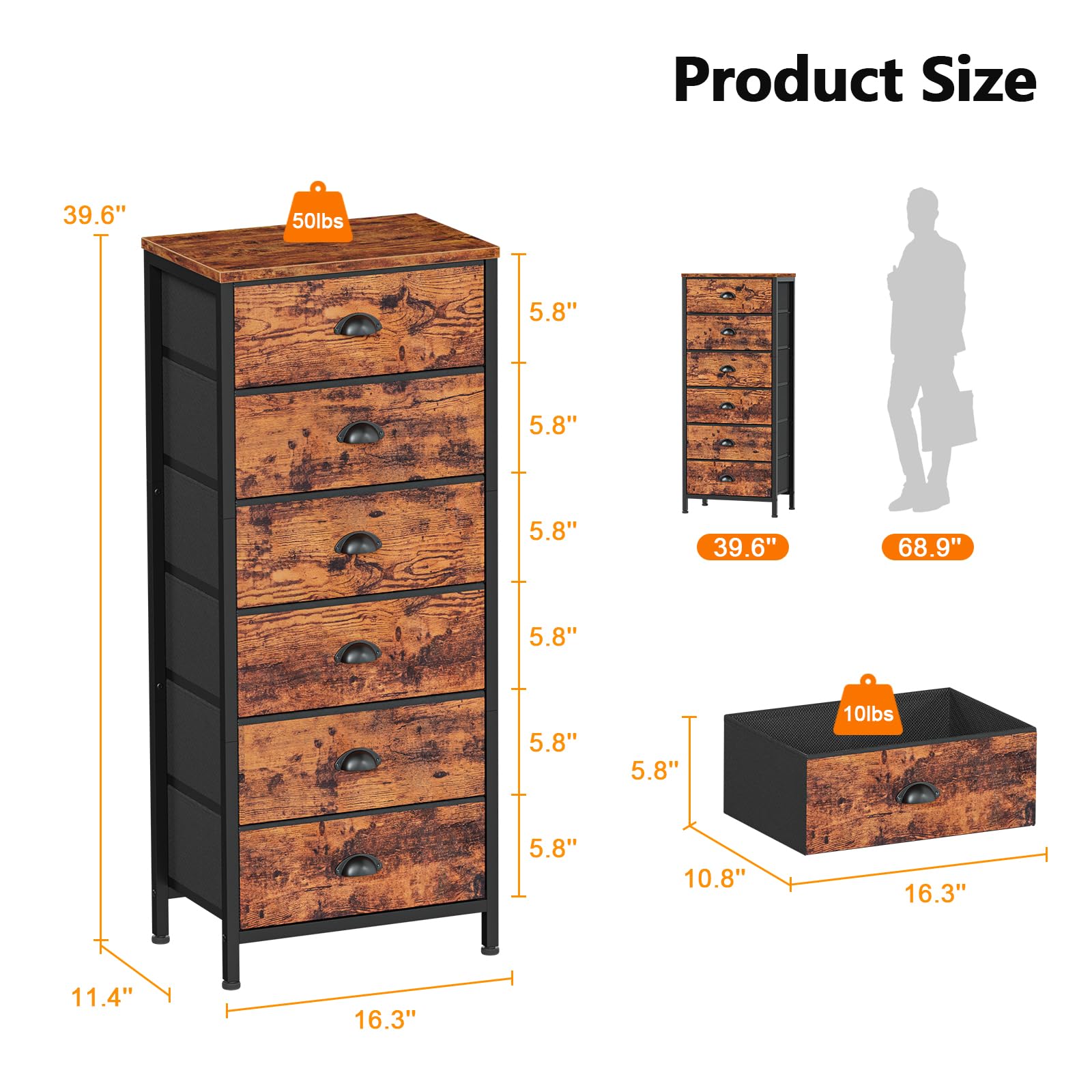 Furnulem Tall Dresser with 6 Drawers,Vertical Bedside End Table & Chest for Bedroom,Black Storage Tower Dorm Nightstand with Fabric Drawer Organizer Unit Furniture in Living Room,Closet,Hallyway