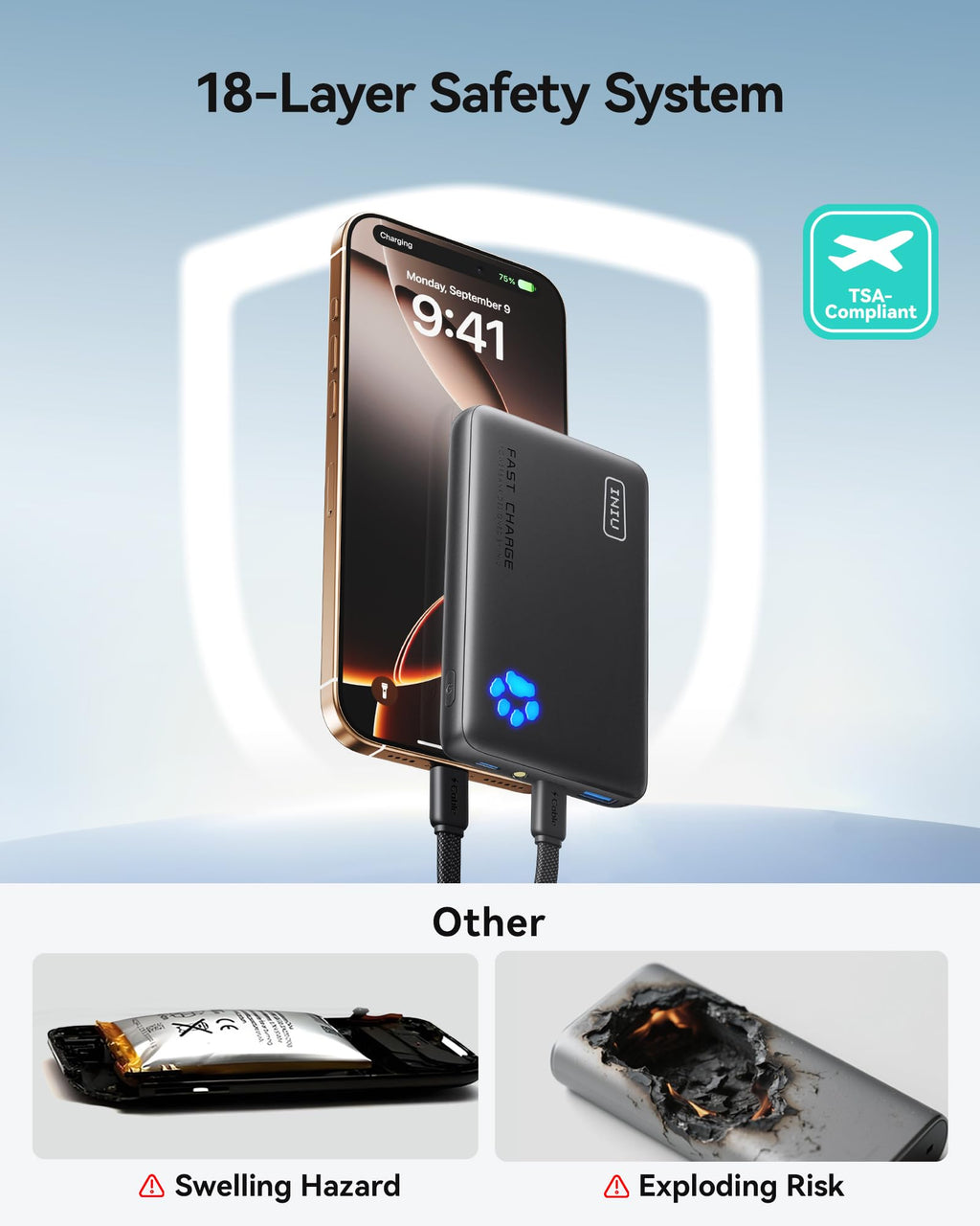 INIU 45W Fast Charging Portable Charger, 40% Smaller 10000mAh with Detachable Cable, Flight-Safe Travel Power Bank, USB C External Phone Battery Pack for iPhone 17 16 Pro iPad Samsung S26 Google etc