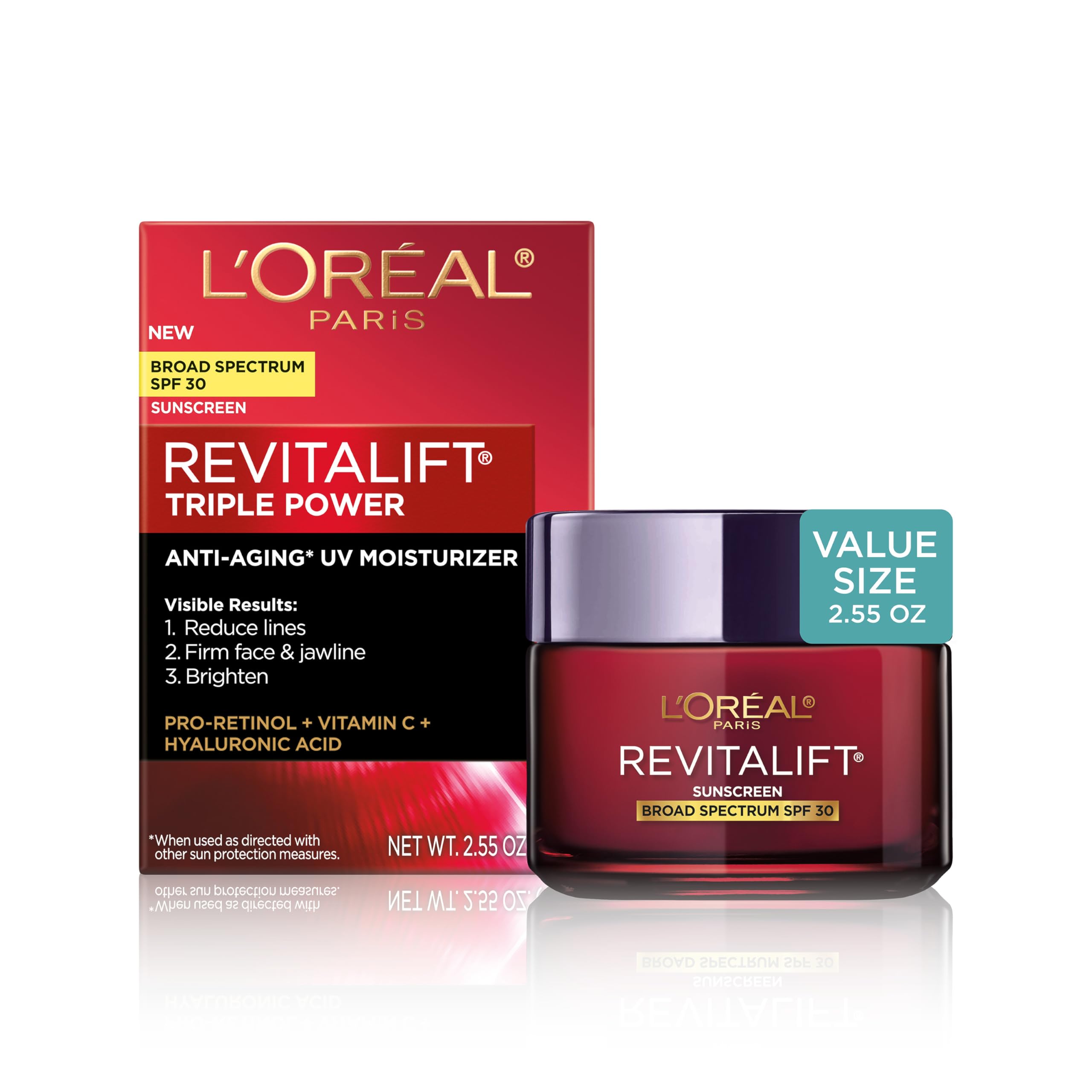 L'Oreal Paris Revitalift Triple Power Anti-Aging Face Moisturizer, Pro Retinol, Hyaluronic Acid & Vitamin C to Reduce Wrinkles, Firm & Brighten Skin, 2.55 Oz