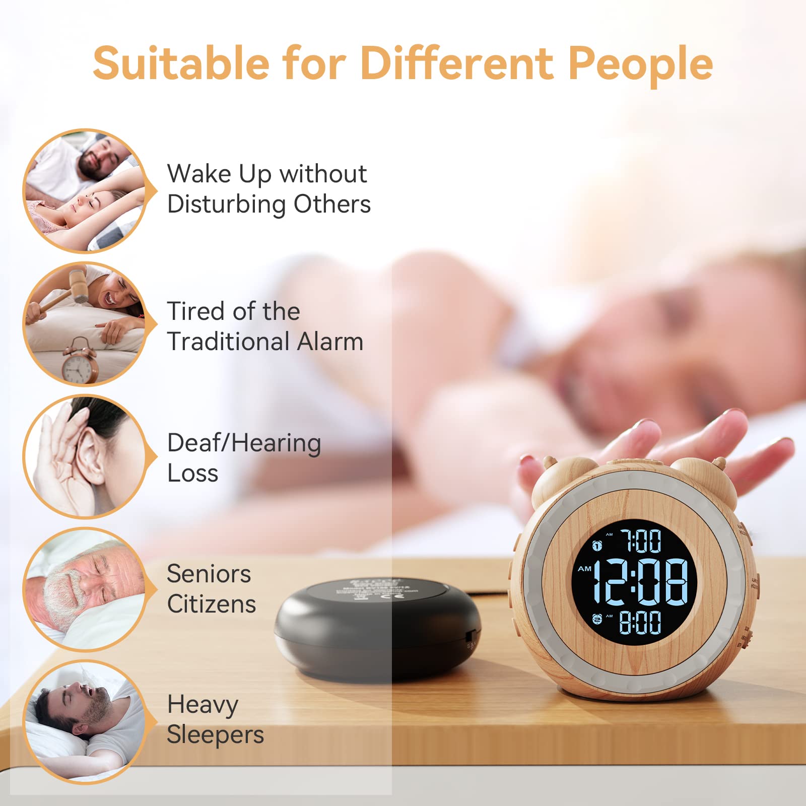 uscce Loud Dual Alarm Clock with Bed Shaker - 0-100% Dimmer, Vibrating Alarm Clock for Heavy Sleepers or Hearing Impaired, Easy to Set, USB Charging Port, Snooze, Battery Backup