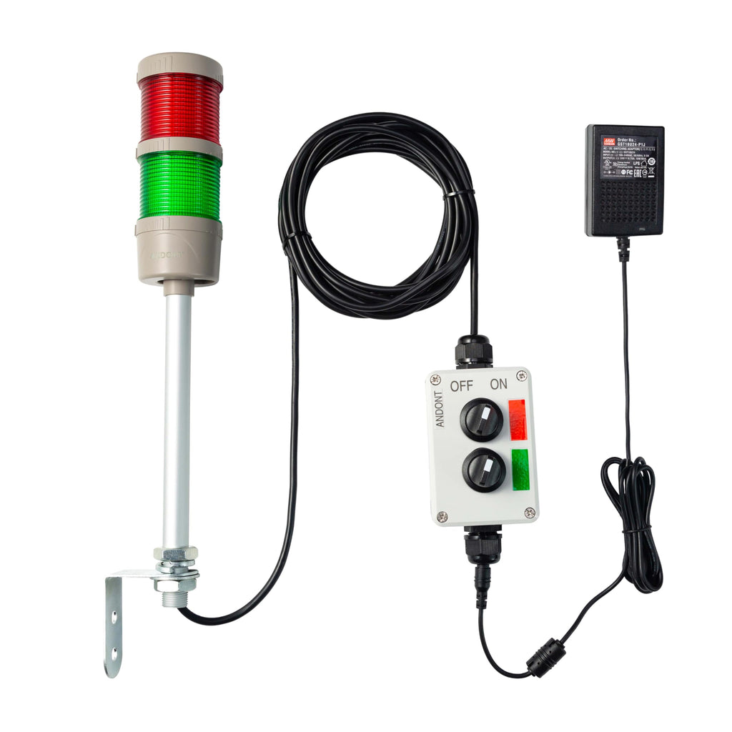 2-Stack LED Andon Tower Light with Buzzer | Industrial Warning Signal, Red/Green,On/Off or Flash, ABB Switch, Mean Well 120V-24V Adapter, Plug-and-Play