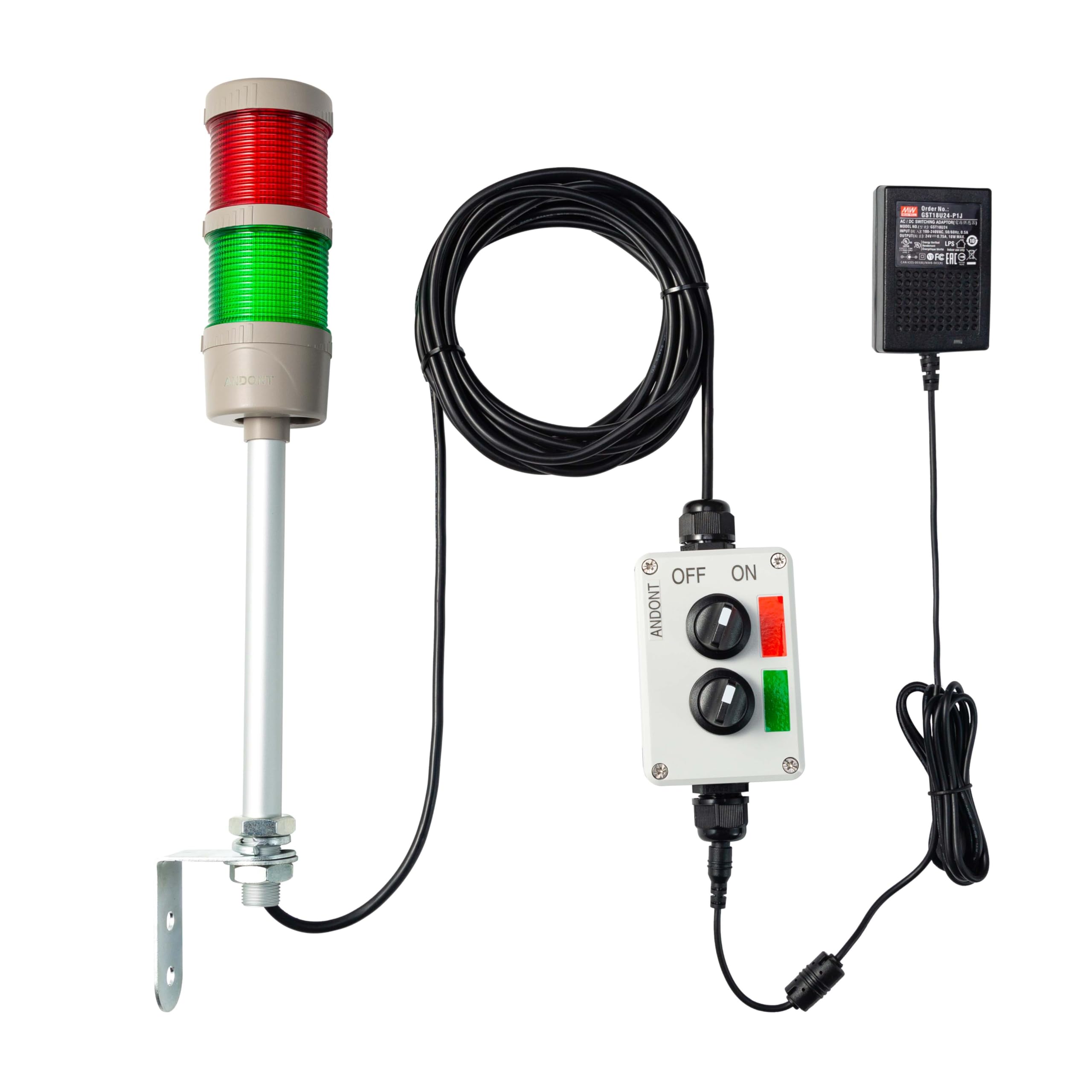 2-Stack LED Andon Tower Light with Buzzer | Industrial Warning Signal, Red/Green,On/Off or Flash, ABB Switch, Mean Well 120V-24V Adapter, Plug-and-Play