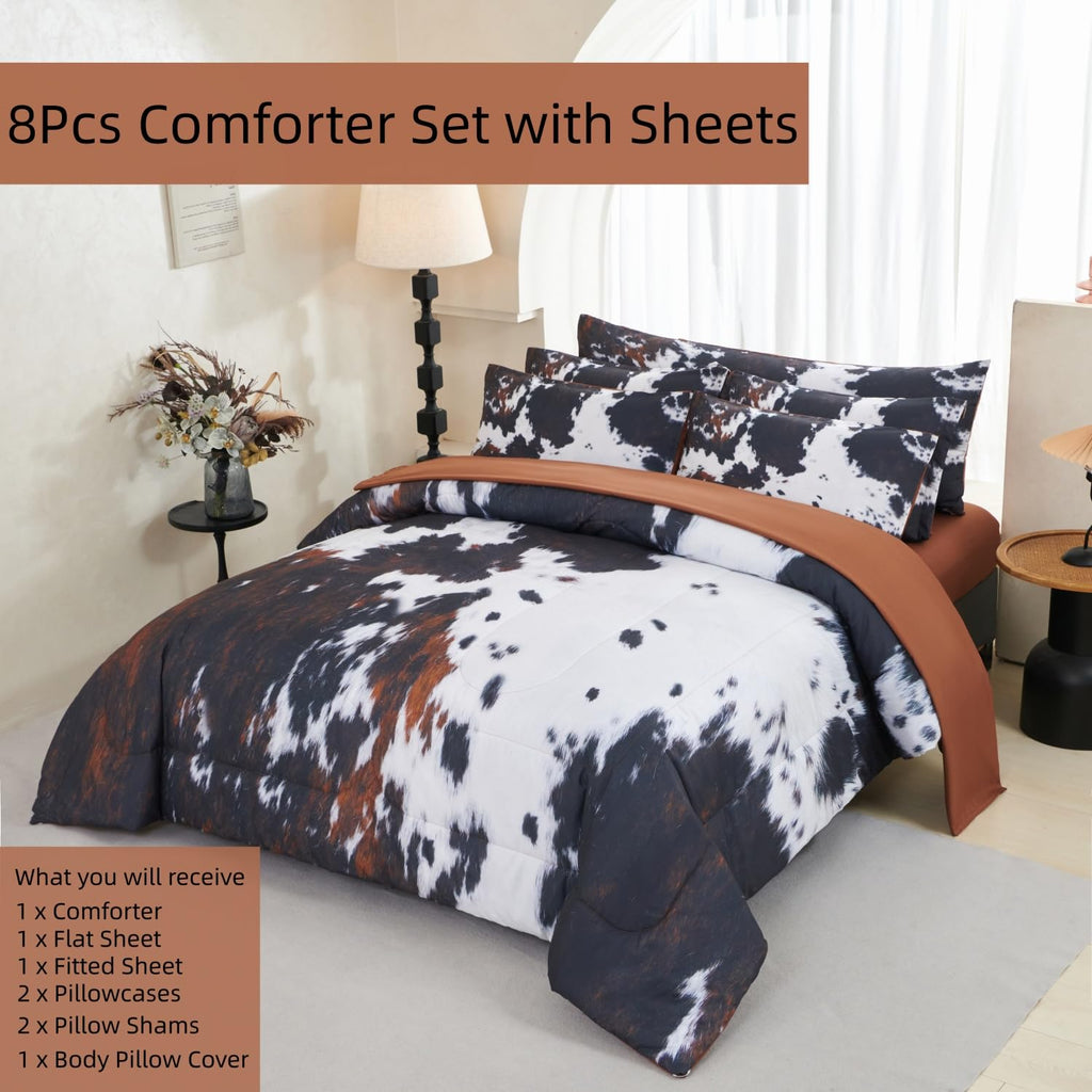 SUCSES Full Size Comforter Set with Sheets 8 Piece Cow Print Bedding Set for Boys Girls Black and White Kids Bed-in-A-Bag Farmhouse Rustic Bed Set for Bedroom (Milk Cow, Full)