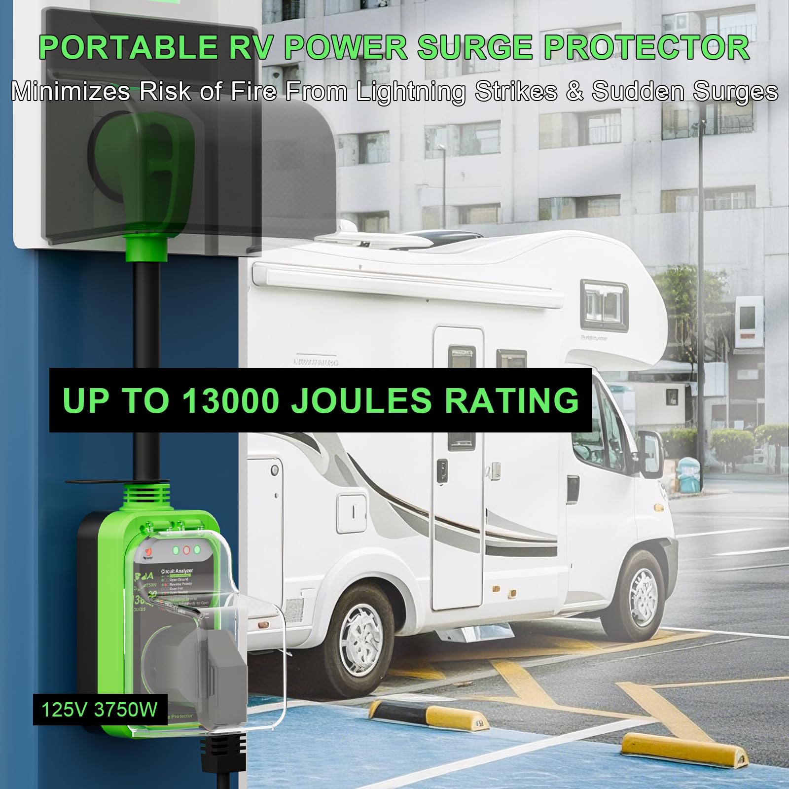 RV Surge Protector 30 Amp, 10000 Joules RV Circuit Analyzer with Waterproof Cover,RV Adapter Plug for Camper Travel Trailers (30 AMP)