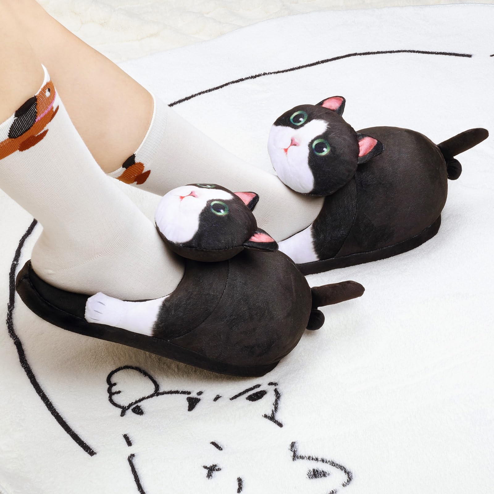 Funny Cat Slippers for Women,Fuzzy Animal Indoor House Shoes with Soft Memory Foam,Comfy Plush Warm Slip-on Slippers,Cat Gifts for Cat Lover