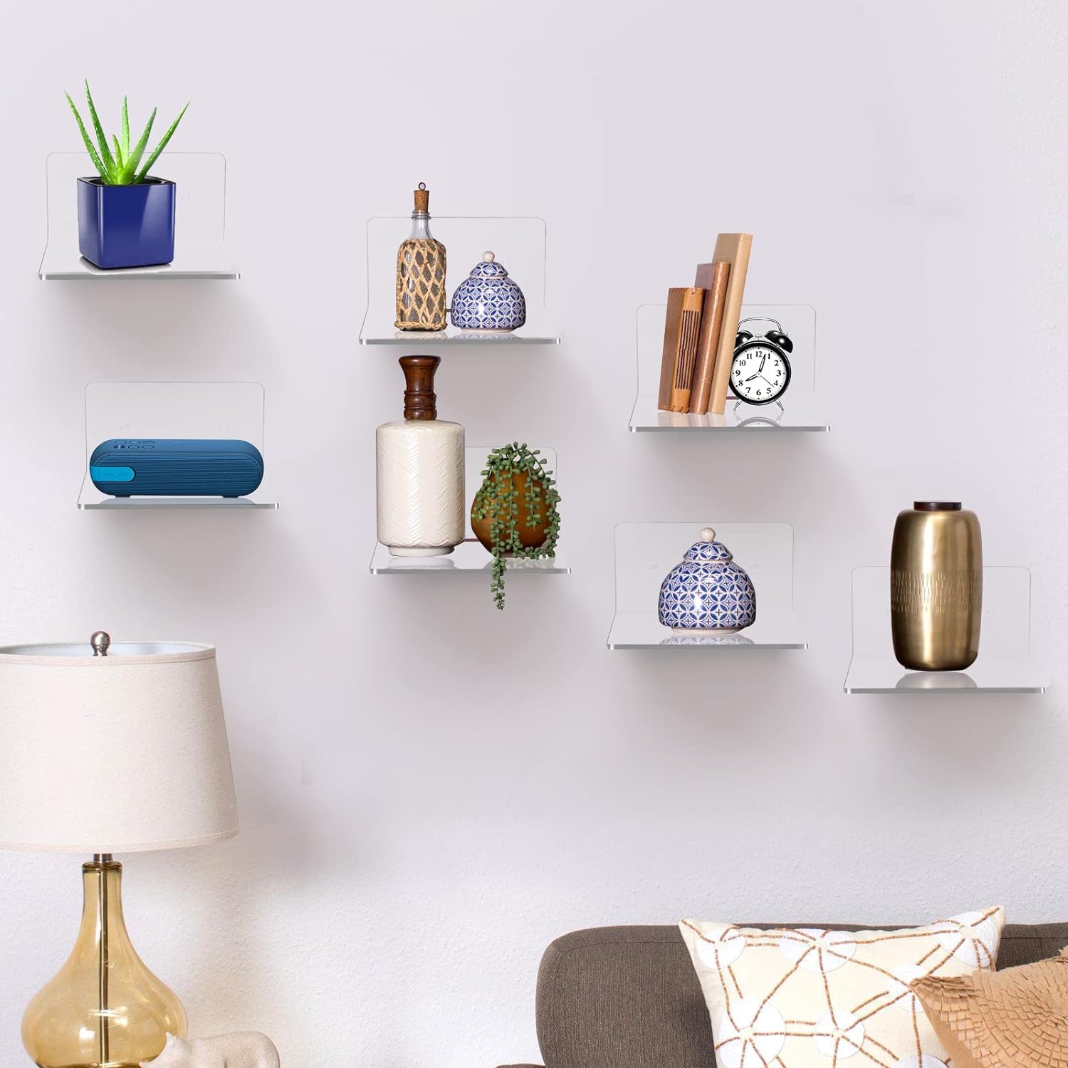 4 Pack Small Acrylic Floating Shelves, 4'' Acrylic Wall Shelves Display Ledges for Storage & Decoration, Mini Shelves for Wall with 2 Types of Installation (Adhesive or Screw)
