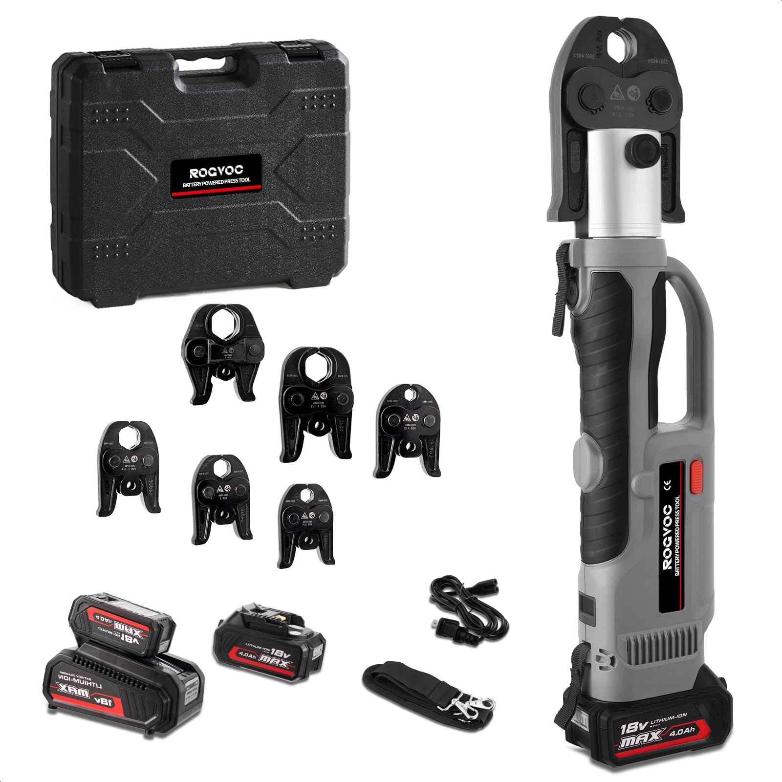 Cordless Pro Press Tool, with 3 Pro Press Jaws Tube Crimping Tool Kit for 1/2, 3/4, 1 inches Copper Pipes and Stainless Steel Pipes, 2pcs 4.0 Ah Battery and Charger, Carrying Case Included