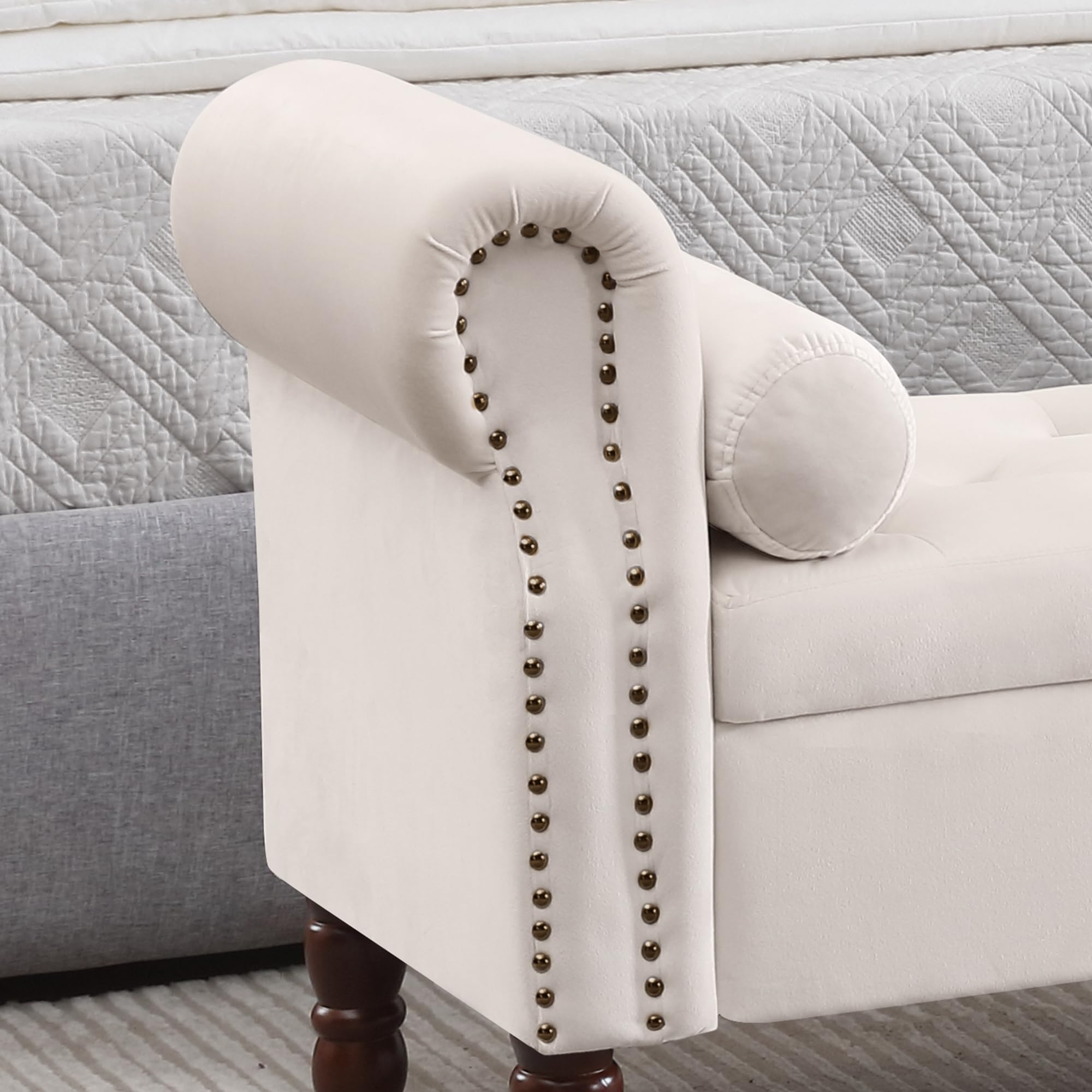 Storage Bench for Bedroom, 67" End of Bed Bench King Size, Velvet Bedroom Bench with Storage, Upholstered Tufted Storage Ottoman Benches with Arms for Bedroom, Entryway, Living Room, Beige