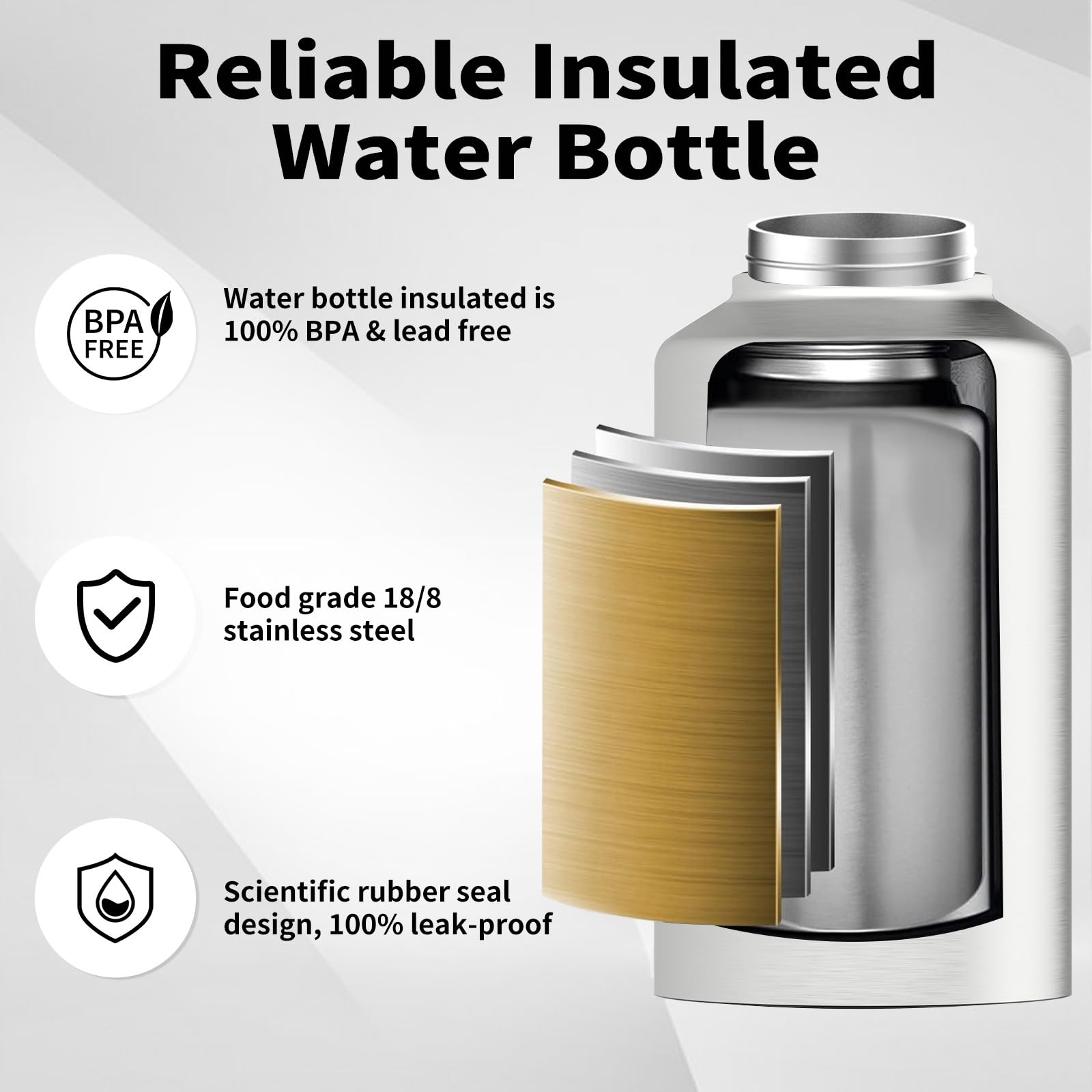 WATERSY Half Gallon Water Bottle Insulated(Cold for 48 Hrs),BPA Free&Leak Proof,64oz Stainless Steel Water Jug/Flask,Big thermo,Large Water Bottle with Handle for Gym,Hiking,Camping,Black