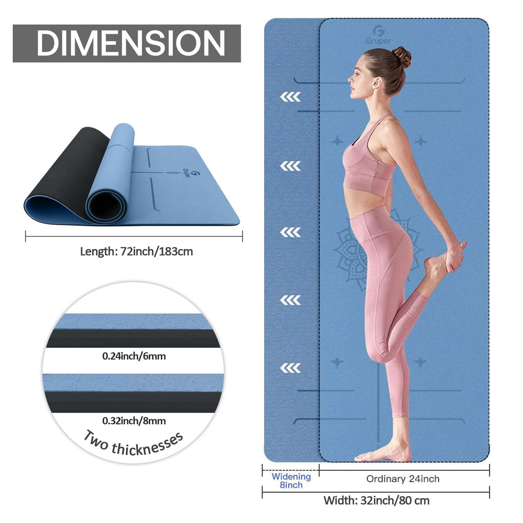 Gruper Yoga Mat Non Slip TPE Extra Wide Yoga Mat with Alignment Mark, 72"L x 32"W x 0.32"/0.24"Th (183cm x 80cm x 8mm/6mm), Anti-Tear Exercise Mat with Carrying Strap and Bag, Workout Mats for Yoga, Pilates