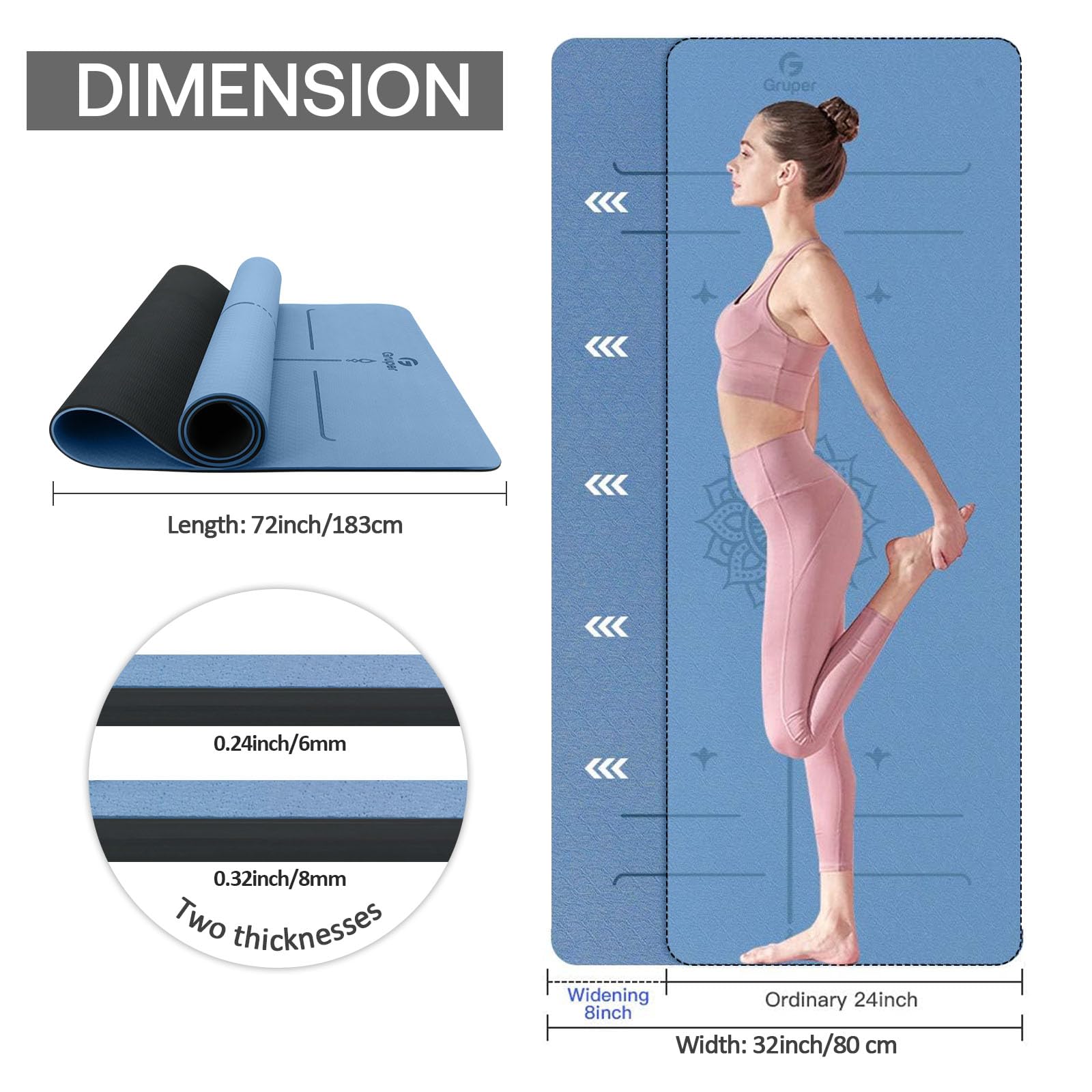 Gruper Yoga Mat Non Slip TPE Extra Wide Yoga Mat with Alignment Mark, 72"L x 32"W x 0.32"/0.24"Th (183cm x 80cm x 8mm/6mm), Anti-Tear Exercise Mat with Carrying Strap and Bag, Workout Mats for Yoga, Pilates