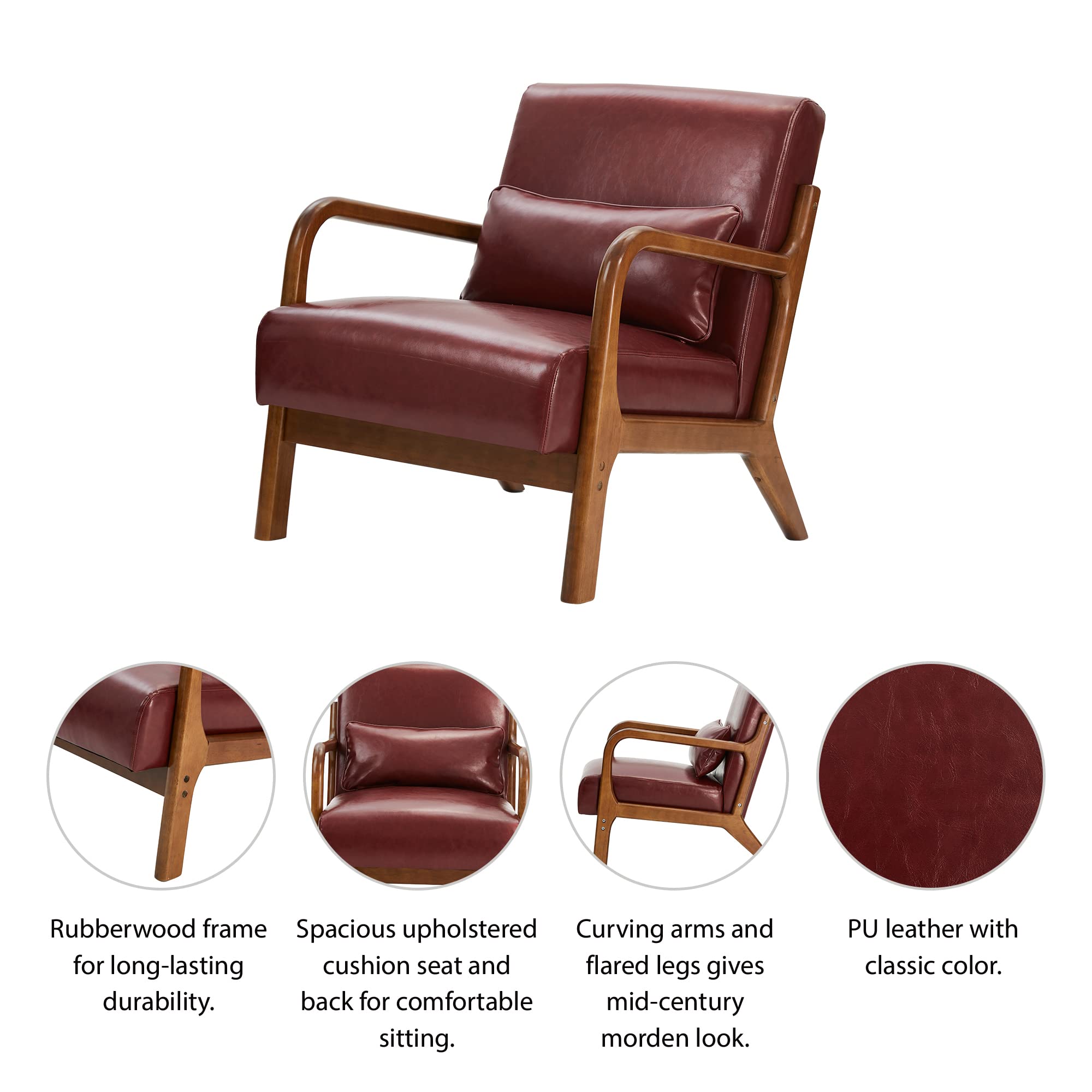 Glitzhome 2 Set Mid Century Black Accent Armchair, Single Reading Armchair PU Leather Lounge Chair with Walnut Ruberwood Frame