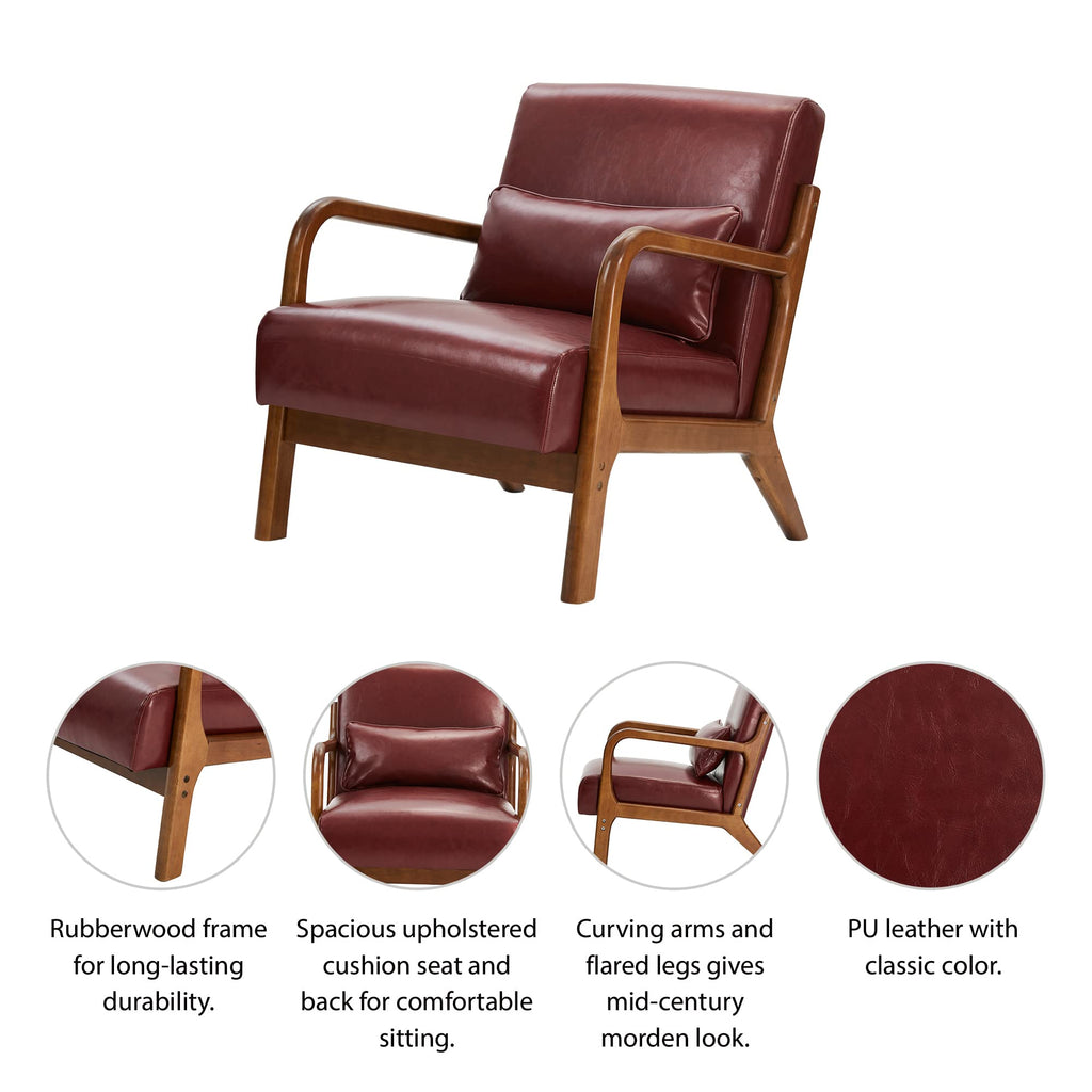 Glitzhome 2 Set Mid Century Black Accent Armchair, Single Reading Armchair PU Leather Lounge Chair with Walnut Ruberwood Frame