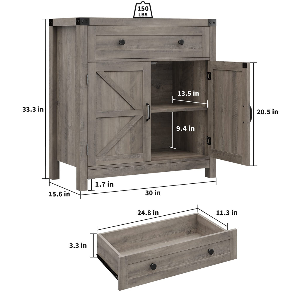 HOSTACK Coffee Bar Cabinet, Kitchen Storage Cabinet, Modern Farmhouse Buffet Sideboard with Drawer and Adjustable Shelf, Barn Door Accent Cabinets for Kitchen, Dining Room, Entryway, Ash Grey