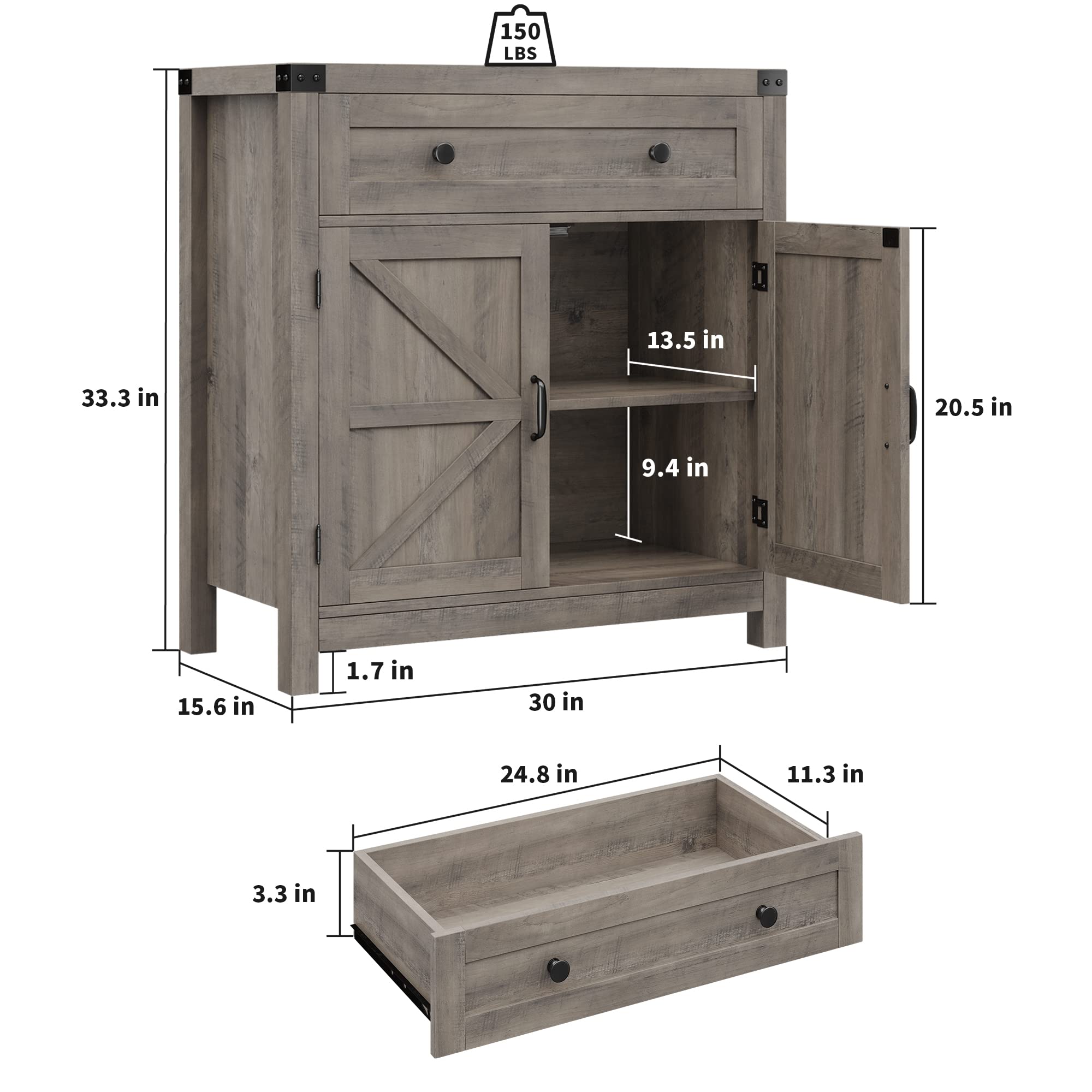 HOSTACK Coffee Bar Cabinet, Kitchen Storage Cabinet, Modern Farmhouse Buffet Sideboard with Drawer and Adjustable Shelf, Barn Door Accent Cabinets for Kitchen, Dining Room, Entryway, Ash Grey