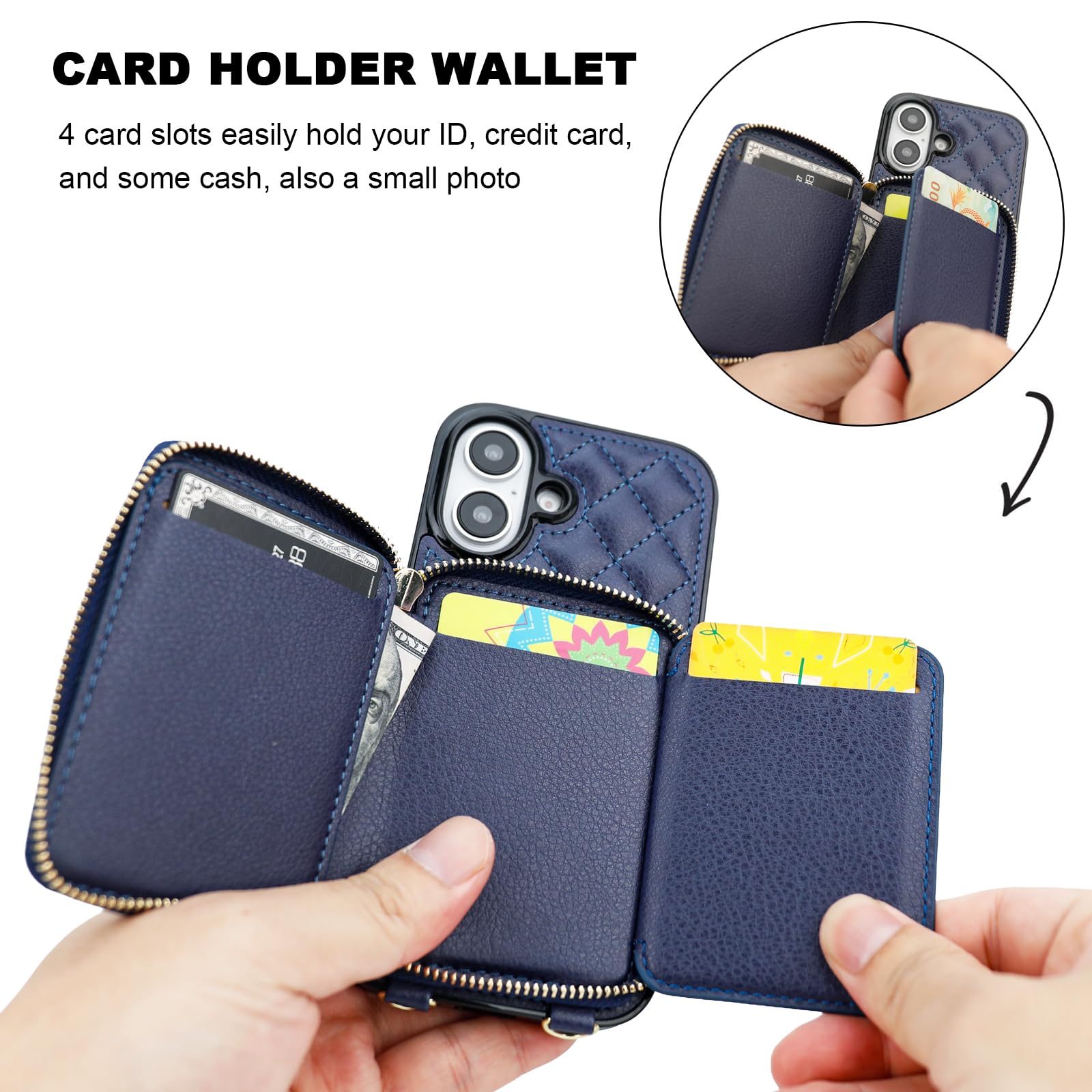 Bocasal Crossbody Wallet Case for iPhone 16, RFID Blocking PU Leather Zipper Handbag Purse Flip Cover, Kickstand Folio Case with Card Slots Holder Wrist Strap Lanyard 5G 6.1 Inch (Black)