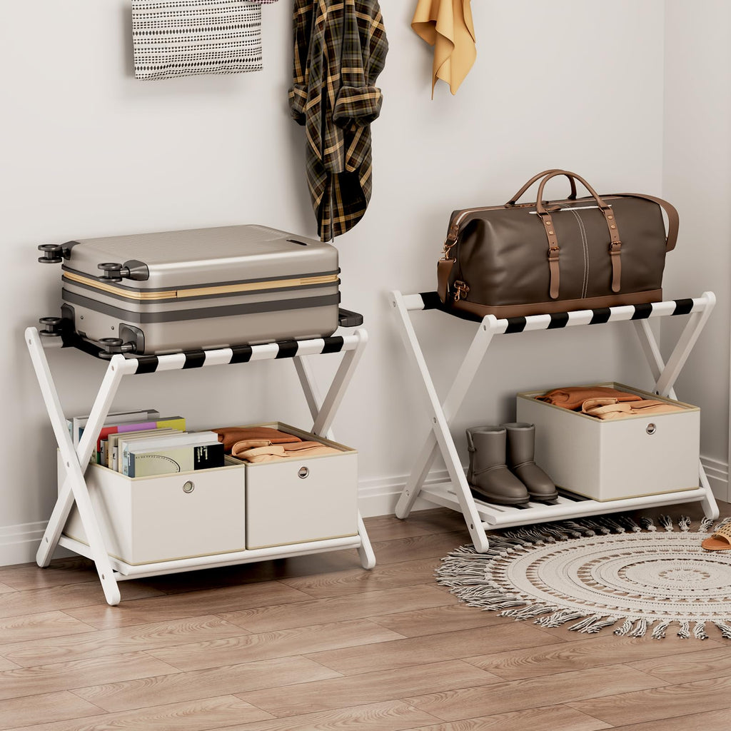 oakvivo Fully Assembled Black Luggage Rack for Guest Room, Bamboo Foldable Suitcase Stand with 5 Nylon Straps, Upgraded Luggage Rack Holder with Shelf for Bedroom Hotel, Holds up to 165 Lbs, 1pcs