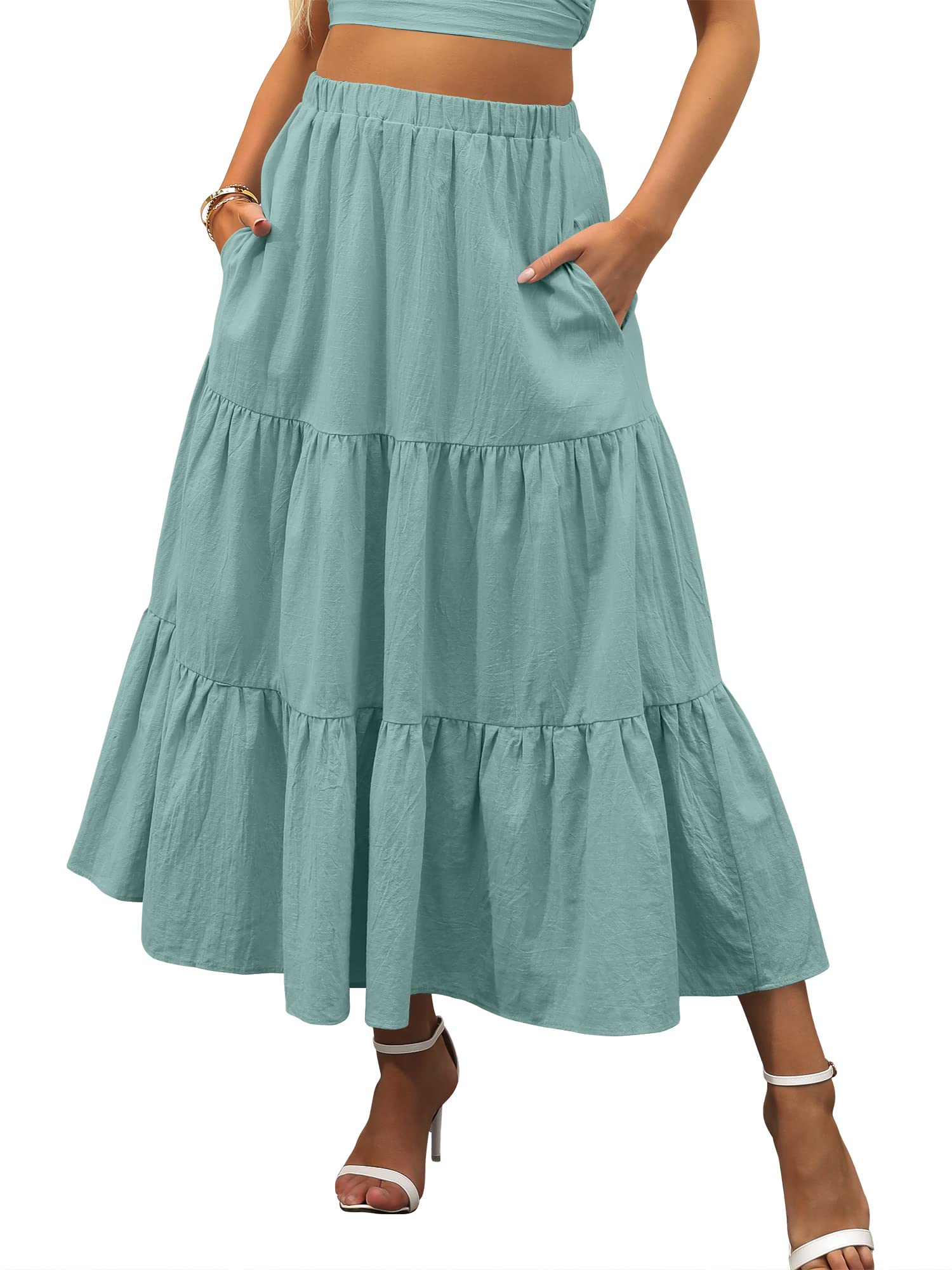 ANRABESS Women’s Summer Boho Flowy Swing Tiered A-Line Maxi Skirt 2026 Fashion Trendy Elastic Waist Pleated Long Beach Dress