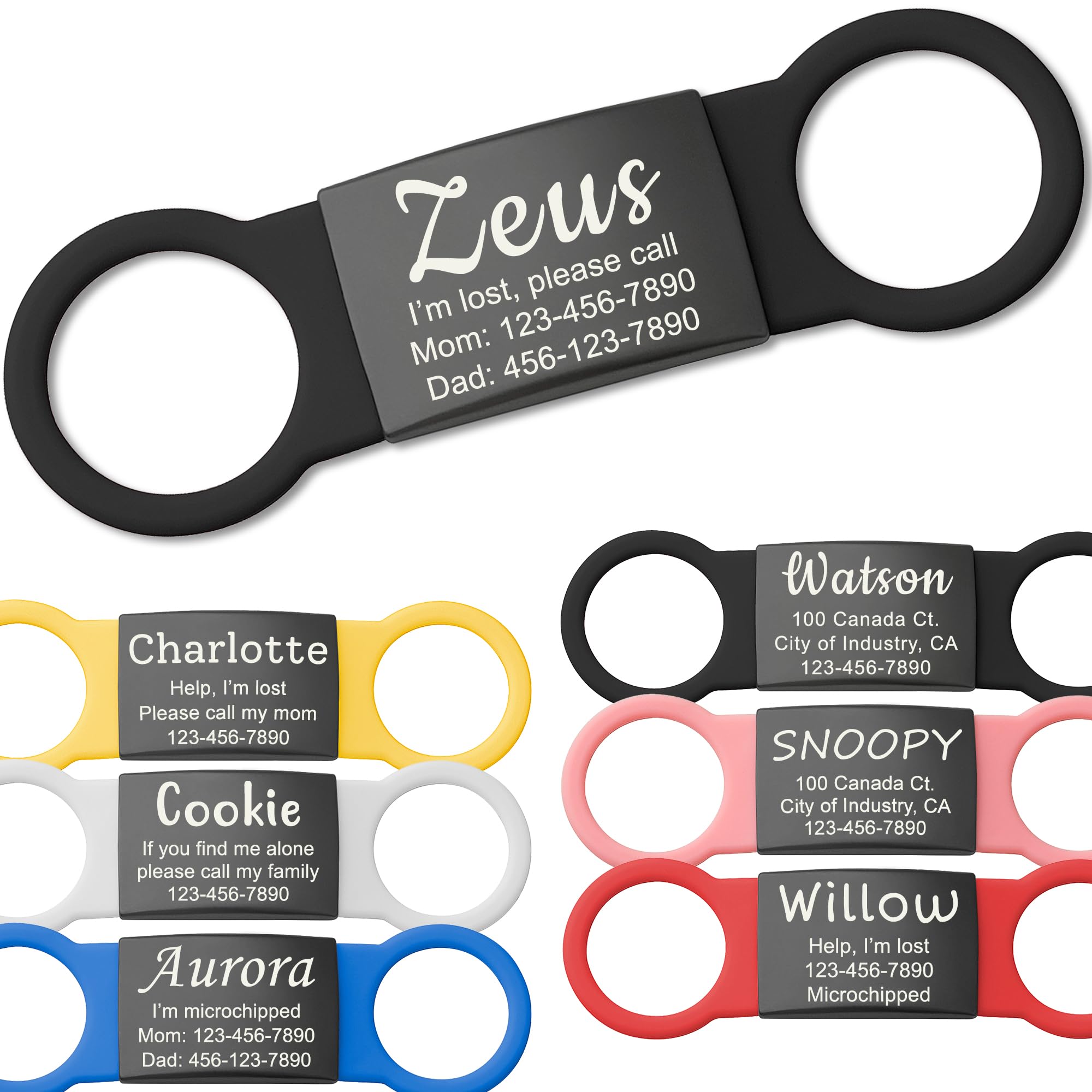 Anavia Slide On Silent Pet ID Tags, S/M/L/XL Personalized Black Stainless Steel Colored Silicone Cat Dog Name Tag, Customized Engraved Nameplate, Quiet Chew-Proof Pet Collar Tag (Black, Small)