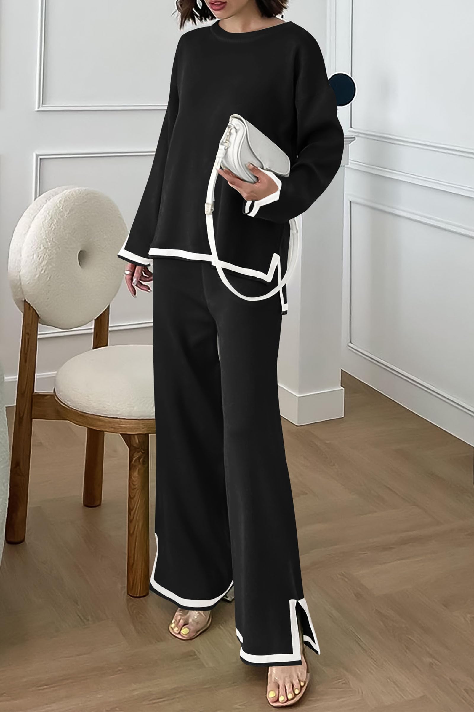 PRETTYGARDEN Women's 2 Piece Knit Sweater Set Travel Outfits | Long Sleeve Tops, Wide Leg Pants, Soft Matching Sweat Track Suits, Casual Fall Winter Clothes for Brunch, Going Out & Cruise